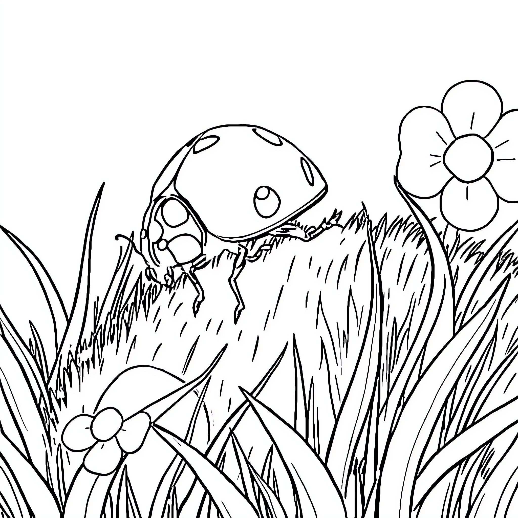 Ladybug exploring the lush meadow Coloring Page (free black-and-white line drawing printable PDF for all, from beginners to advanced learners, including children, teens, adults, and seniors)