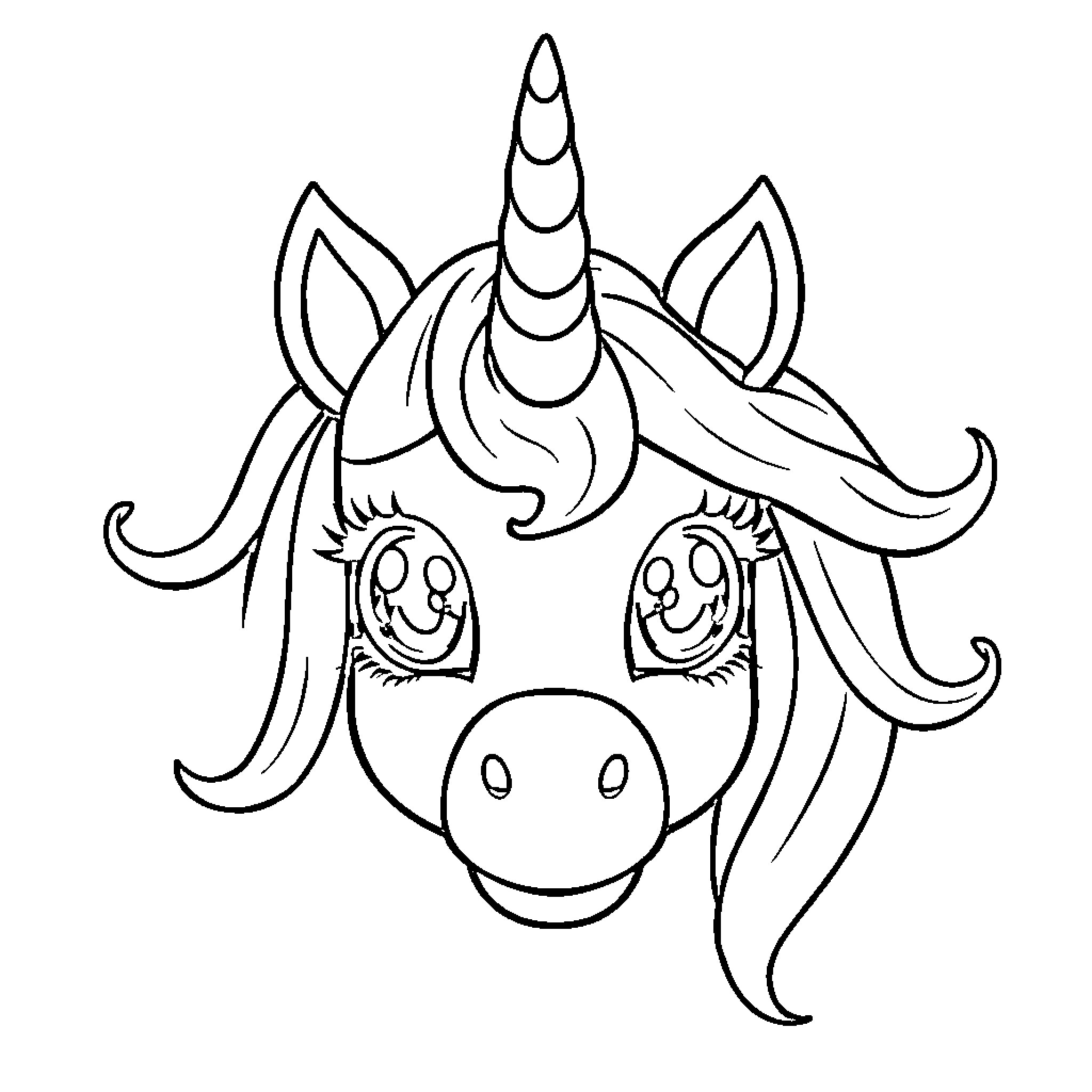 Unicorn with Whimsical Facial Features Coloring Page (free black-and-white line drawing printable PDF for all, from beginners to advanced learners, including children, teens, adults, and seniors)