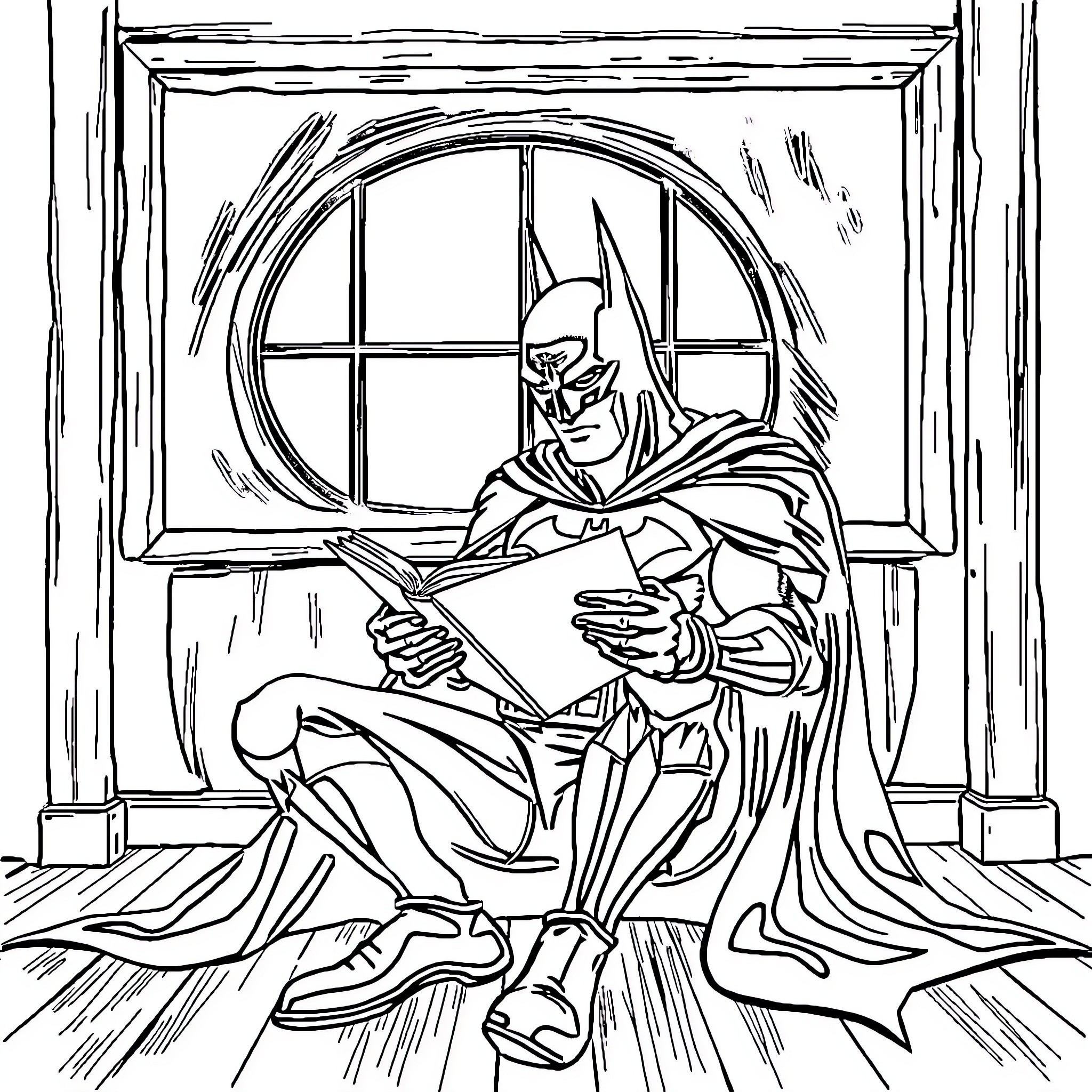 Batman reading a book in his mansion Coloring Page (free black-and-white line drawing printable PDF for all, from beginners to advanced learners, including children, teens, adults, and seniors)