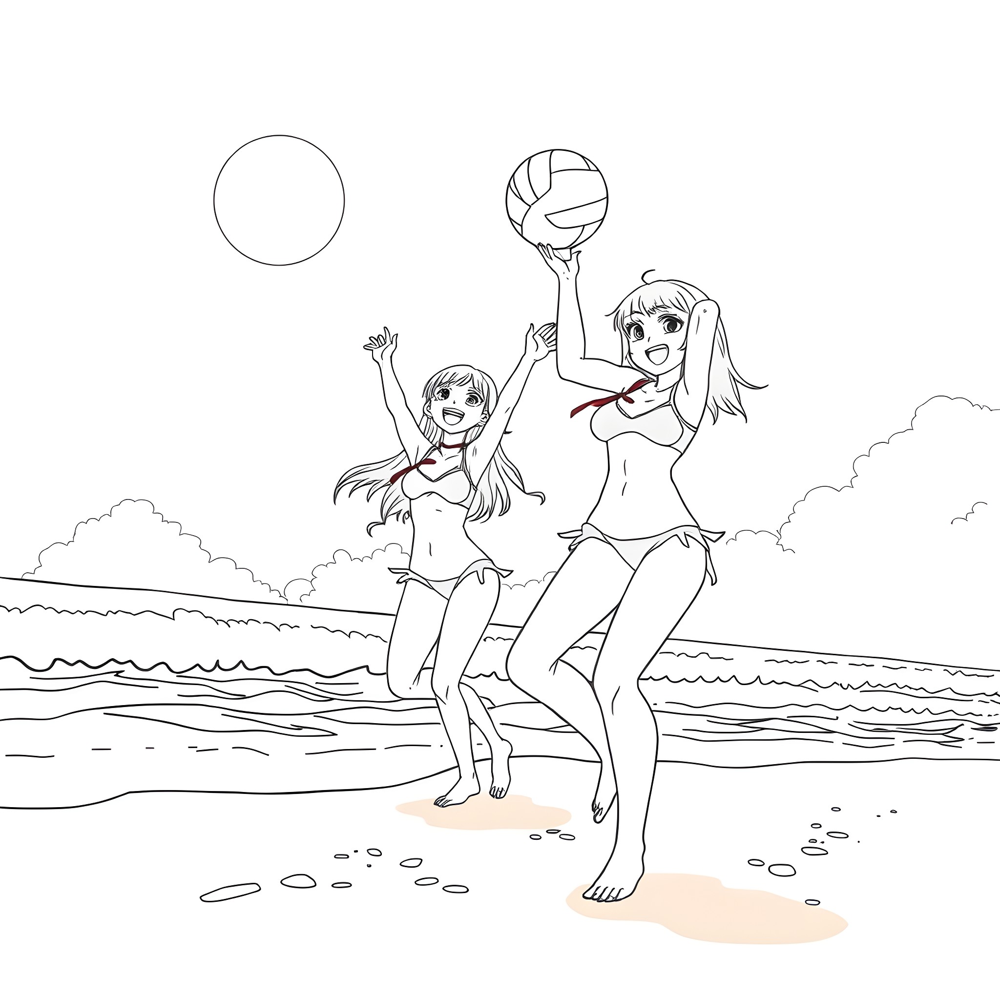 Anime Girls Playing Volleyball on the Beach Coloring Page (free black-and-white line drawing printable PDF for all, from beginners to advanced learners, including children, teens, adults, and seniors)