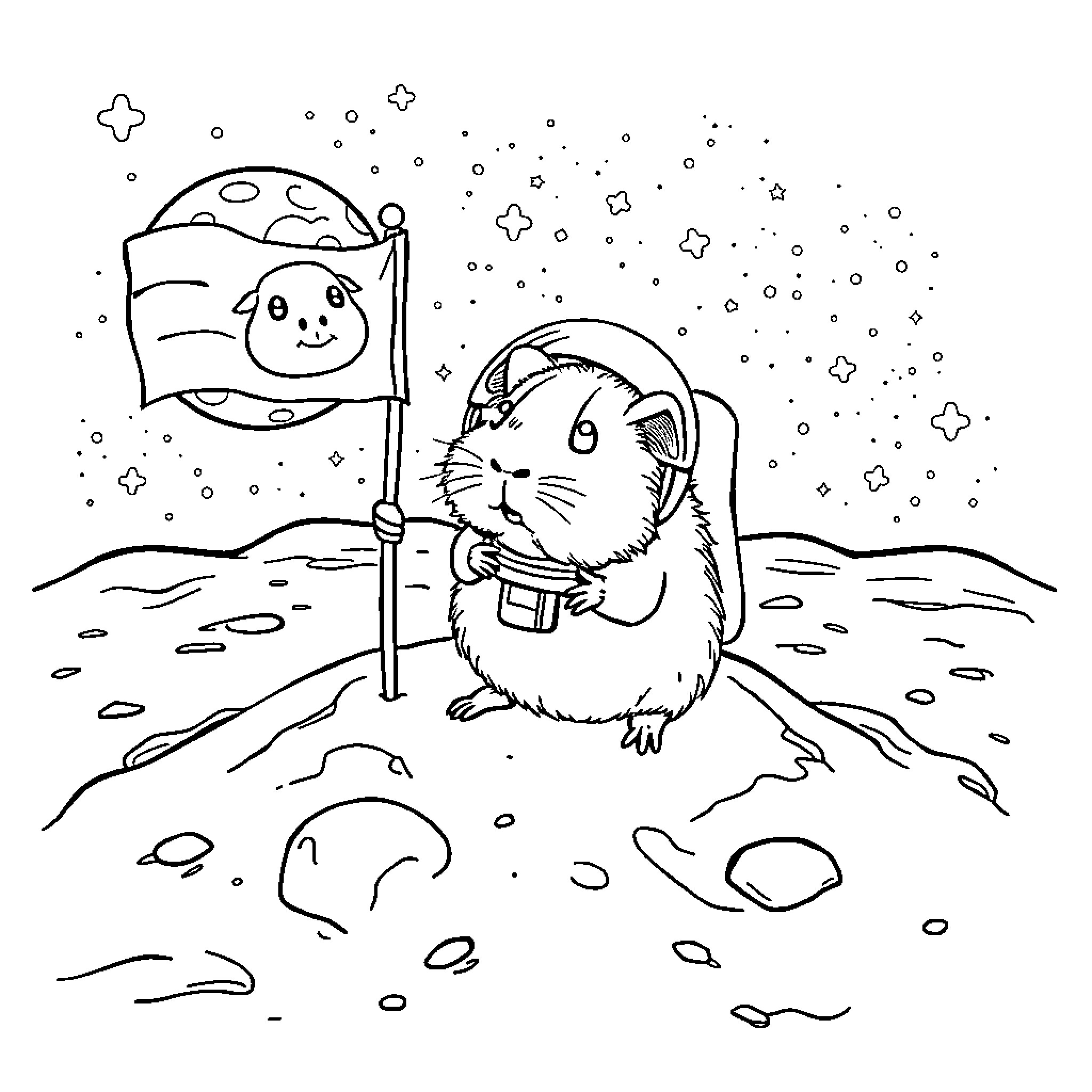 Guinea Pig Exploring Snowy Landscape with Flag Coloring Page (free black-and-white line drawing printable PDF for all, from beginners to advanced learners, including children, teens, adults, and seniors)