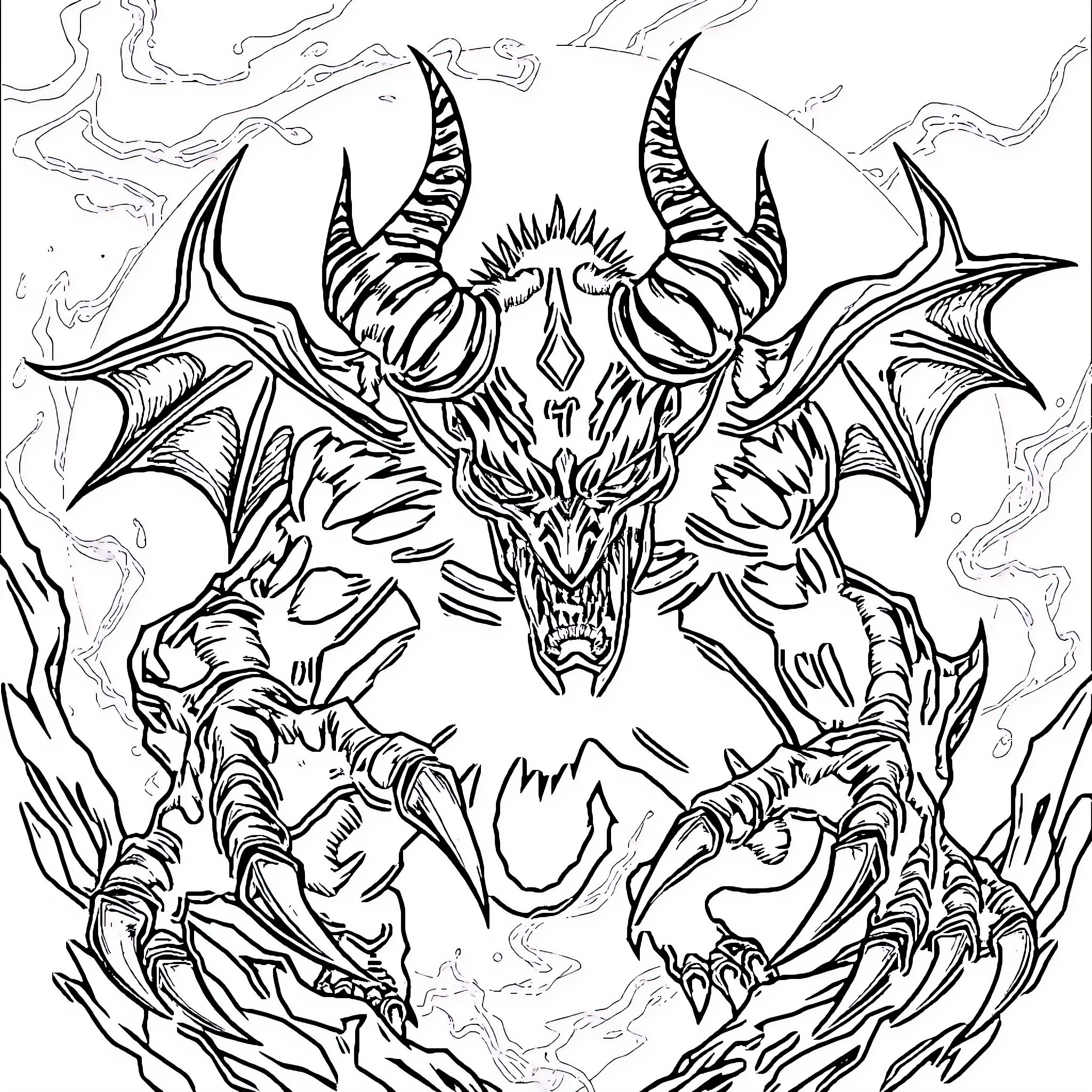 Demon Dragon Emerging from Ominous Clouds Coloring Page (free black-and-white line drawing printable PDF for all, from beginners to advanced learners, including children, teens, adults, and seniors)