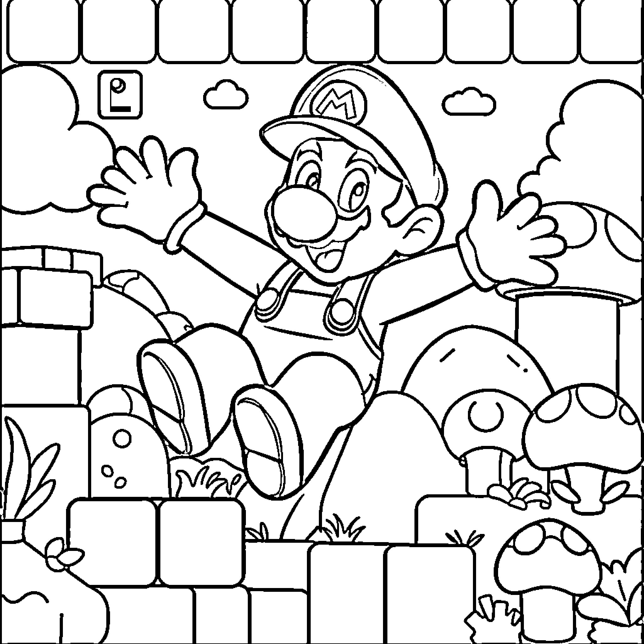 Mario Jumping for Joy in Mushroom Kingdom Coloring Page (free black-and-white line drawing printable PDF for all, from beginners to advanced learners, including children, teens, adults, and seniors)