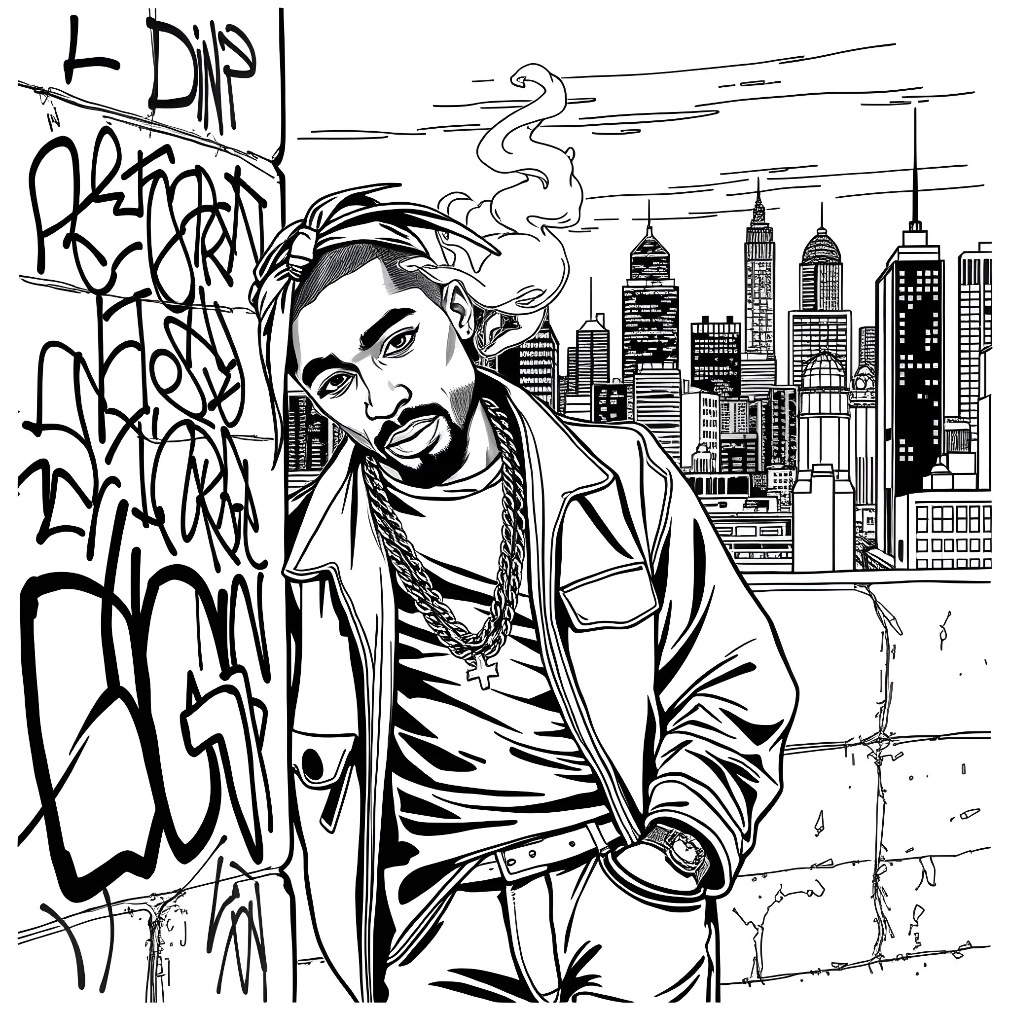2pac posing amidst urban skyline with graffiti Coloring Page (free black-and-white line drawing printable PDF for all, from beginners to advanced learners, including children, teens, adults, and seniors)