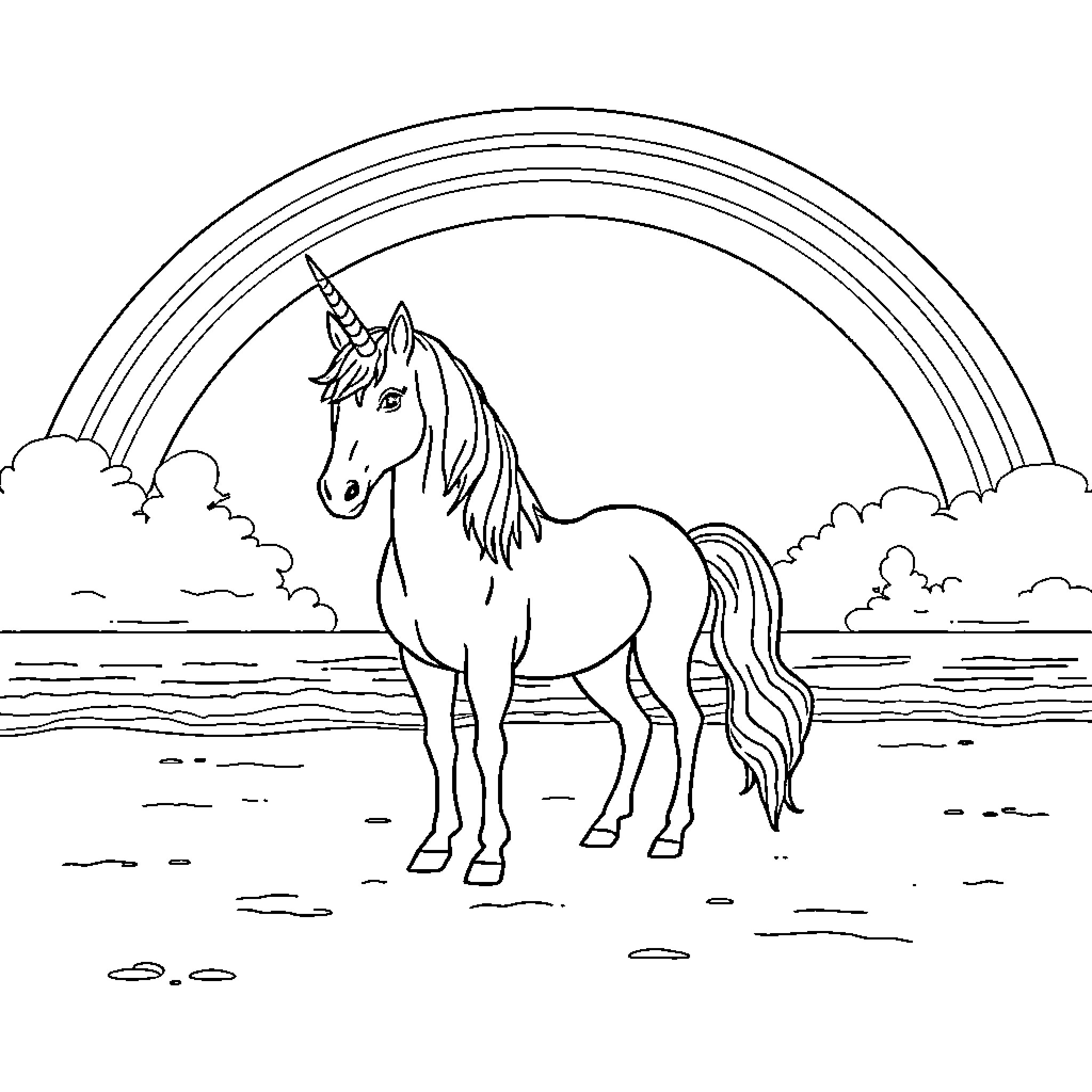 Unicorn standing in a peaceful landscape Coloring Page (free black-and-white line drawing printable PDF for all, from beginners to advanced learners, including children, teens, adults, and seniors)