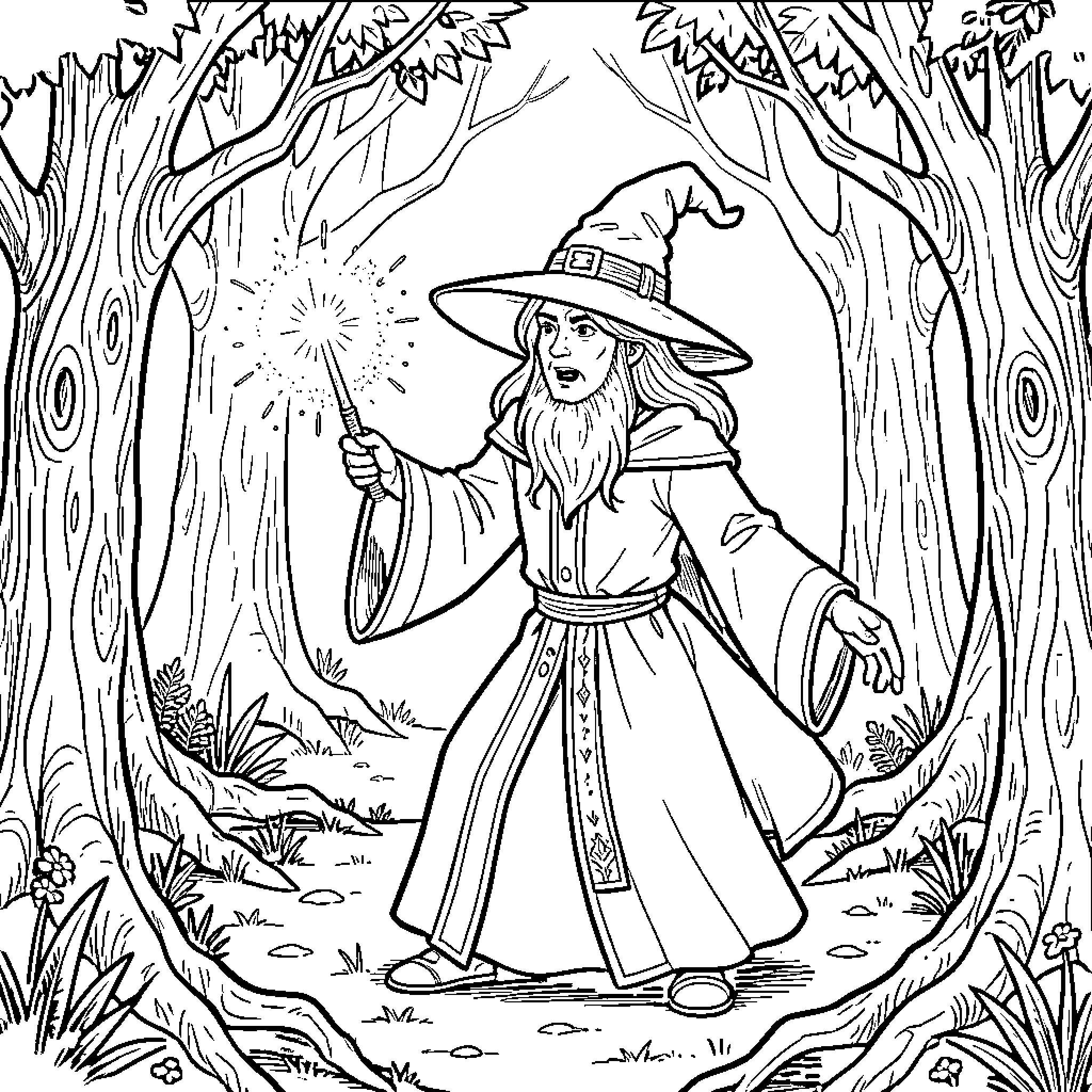 Mage casting a magical spell in a forest Coloring Page (free black-and-white line drawing printable PDF for all, from beginners to advanced learners, including children, teens, adults, and seniors)