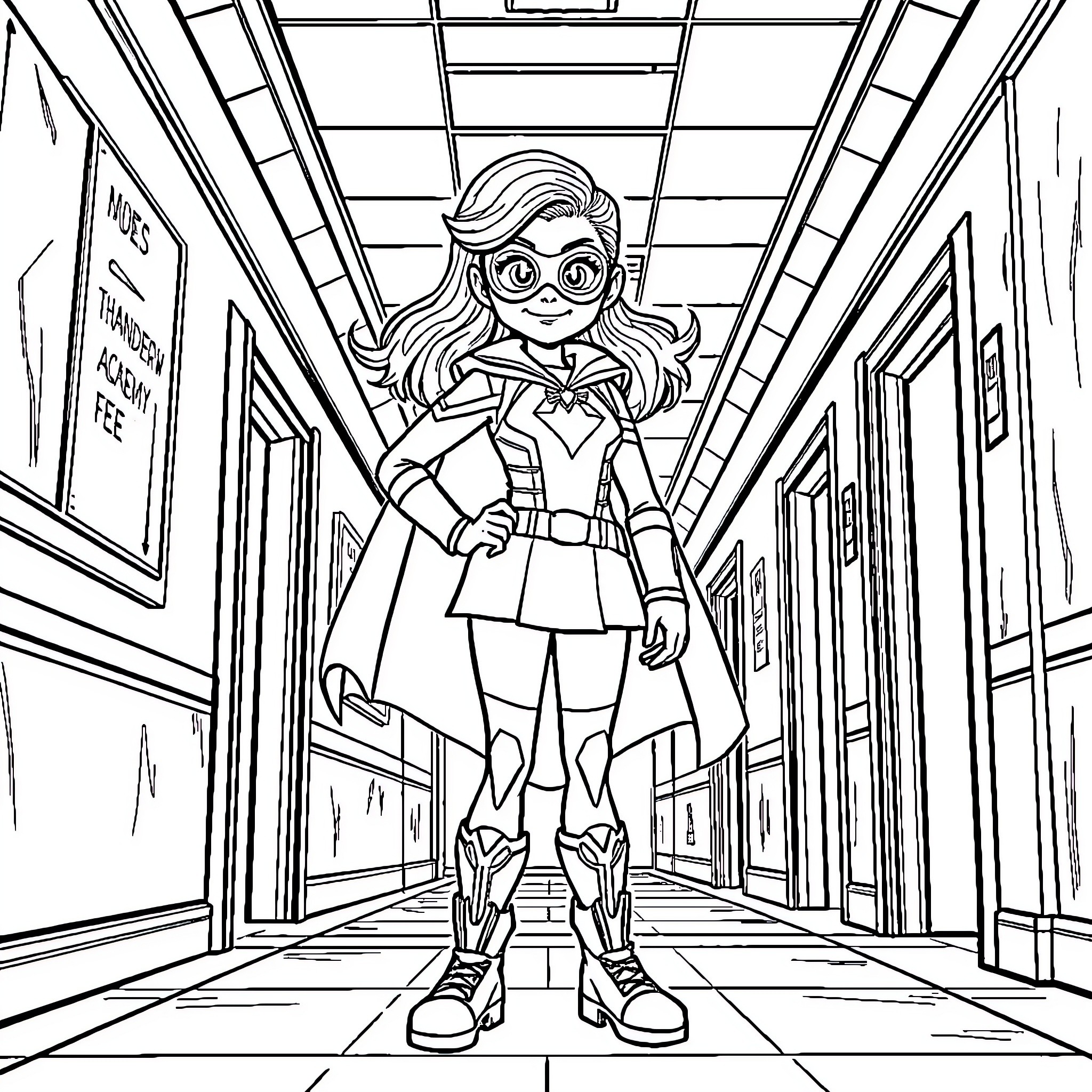 Phoebe, the Superhero Girl in the School Hallway Coloring Page (free black-and-white line drawing printable PDF for all, from beginners to advanced learners, including children, teens, adults, and seniors)