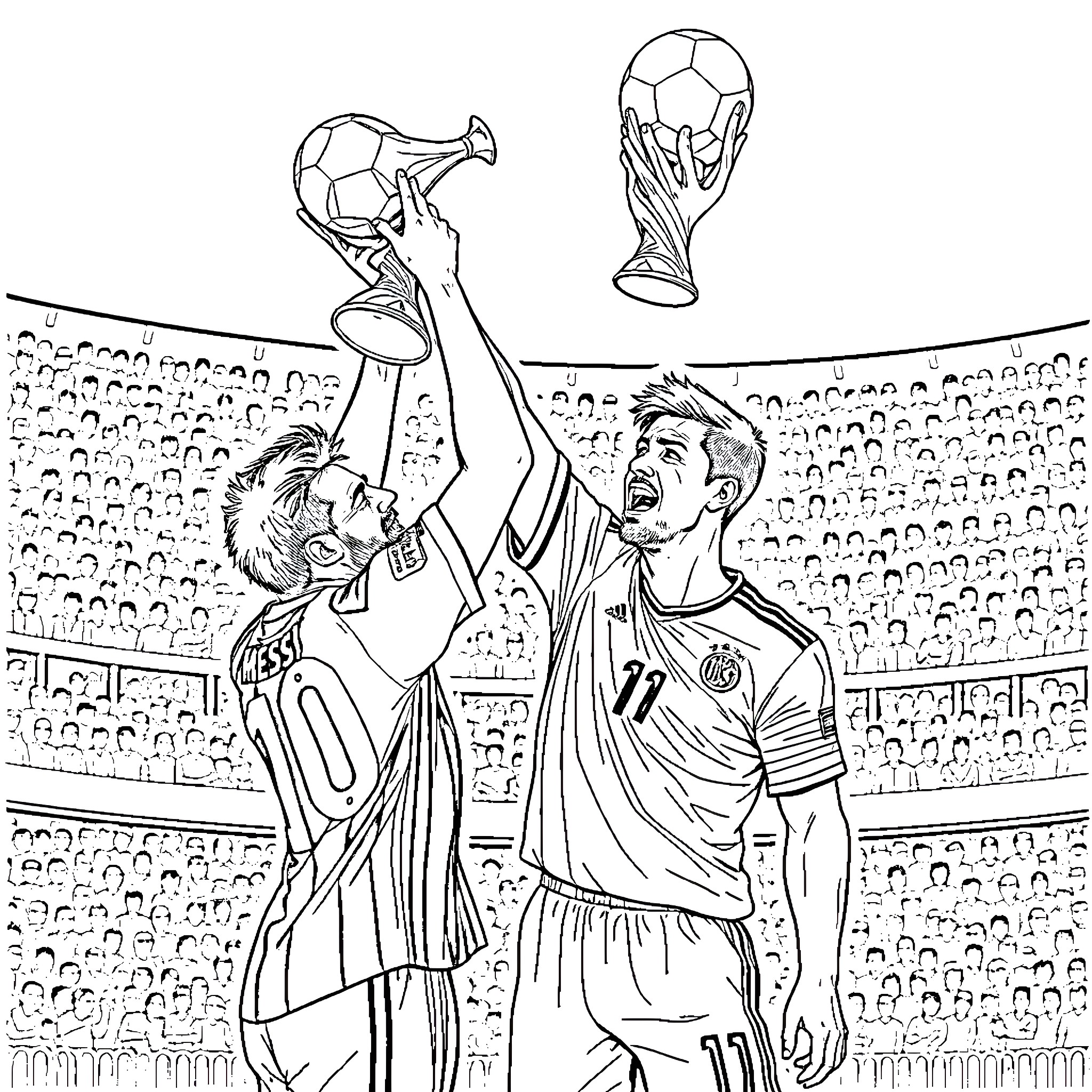 Messi's Dramatic Goal Celebration in the Stadium Coloring Page (free black-and-white line drawing printable PDF for all, from beginners to advanced learners, including children, teens, adults, and seniors)