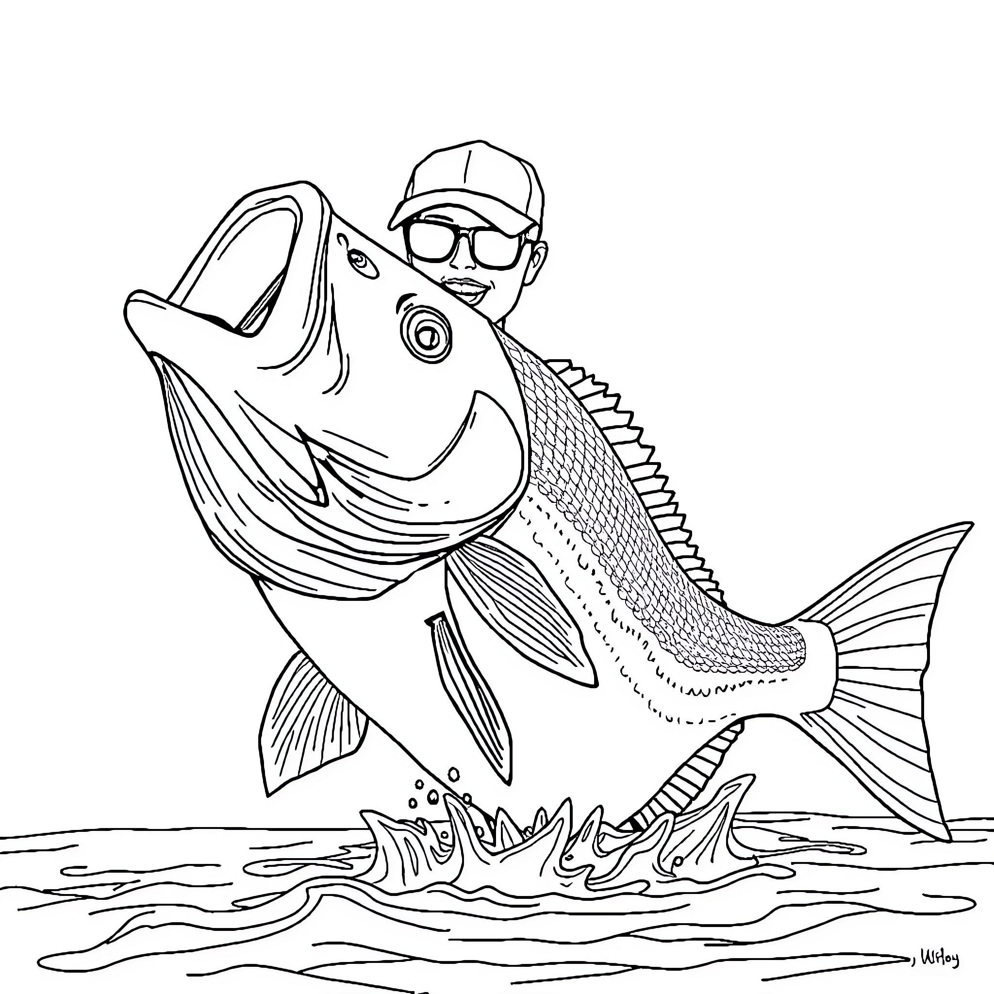 Bite of the Friendly Fisherman Coloring Page (free black-and-white line drawing printable PDF for all, from beginners to advanced learners, including children, teens, adults, and seniors)