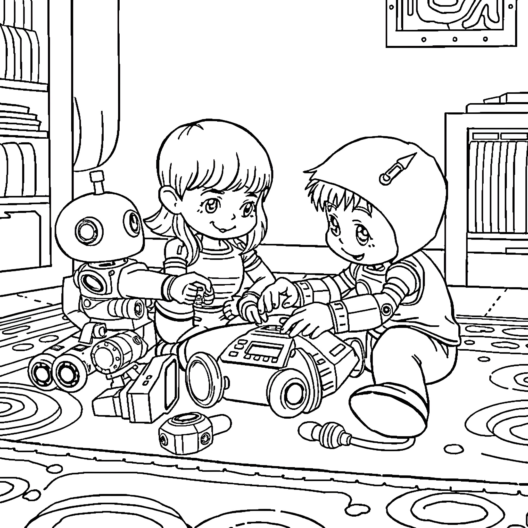 Robot friends build and play with toys together Coloring Page (free black-and-white line drawing printable PDF for all, from beginners to advanced learners, including children, teens, adults, and seniors)