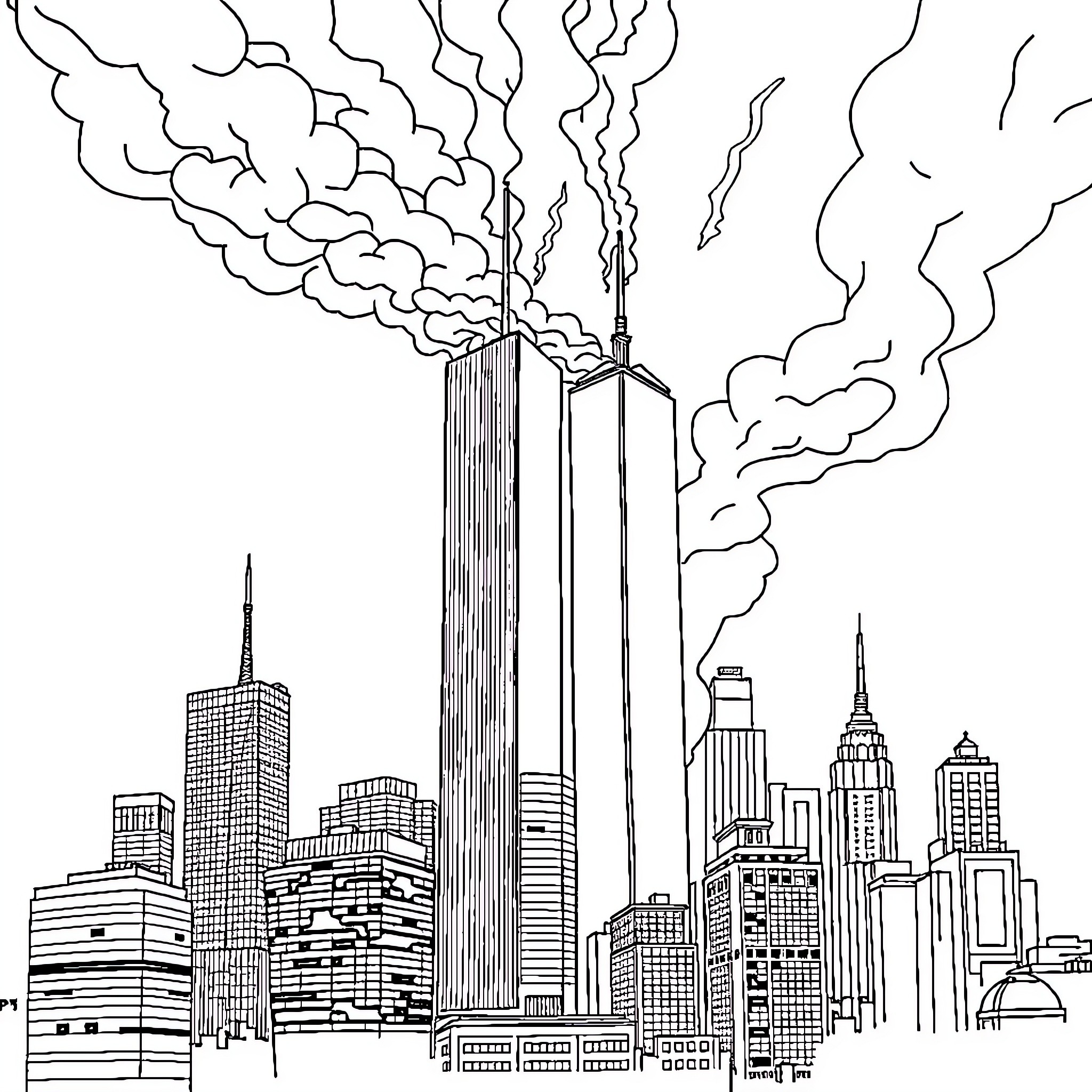 9/11 attacks on the Twin Towers in New York City Coloring Page (free black-and-white line drawing printable PDF for all, from beginners to advanced learners, including children, teens, adults, and seniors)