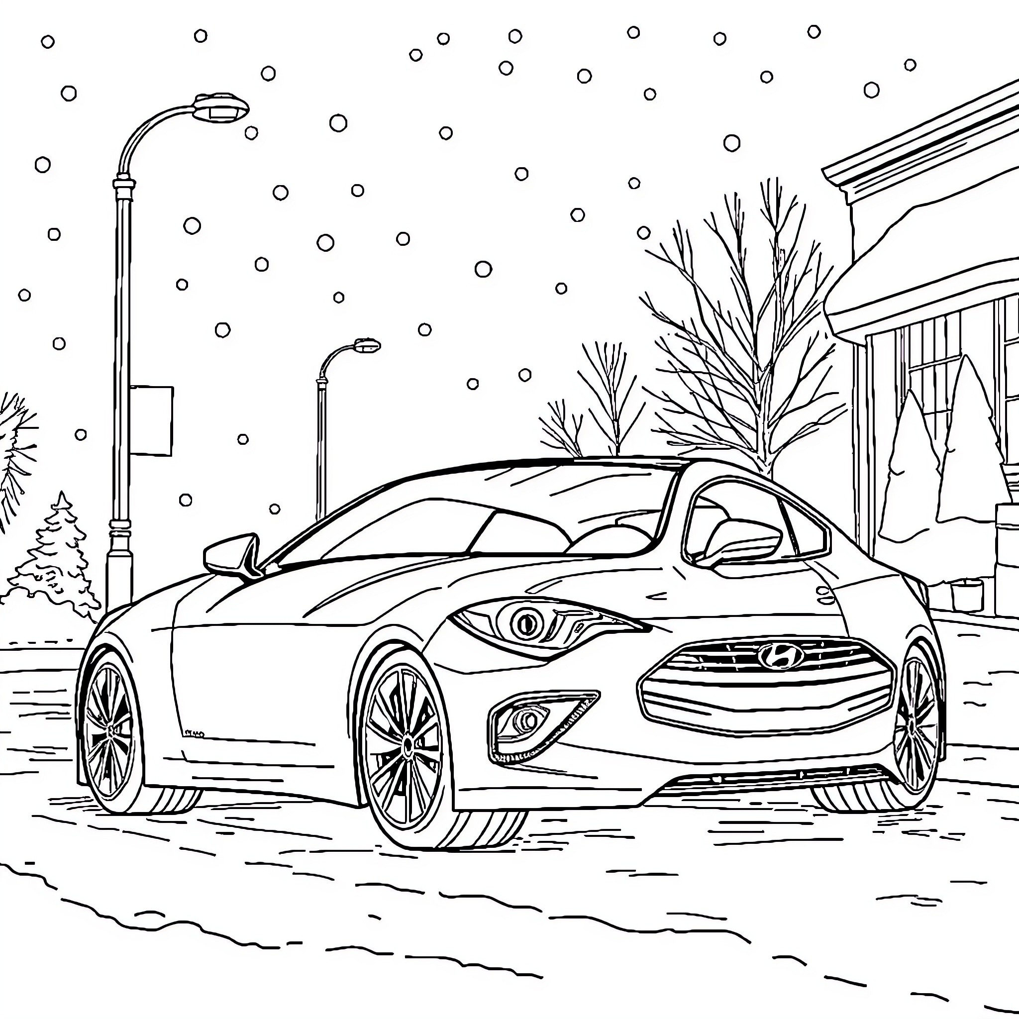 Genesis Coupe in snowy winter scene Coloring Page (free black-and-white line drawing printable PDF for all, from beginners to advanced learners, including children, teens, adults, and seniors)