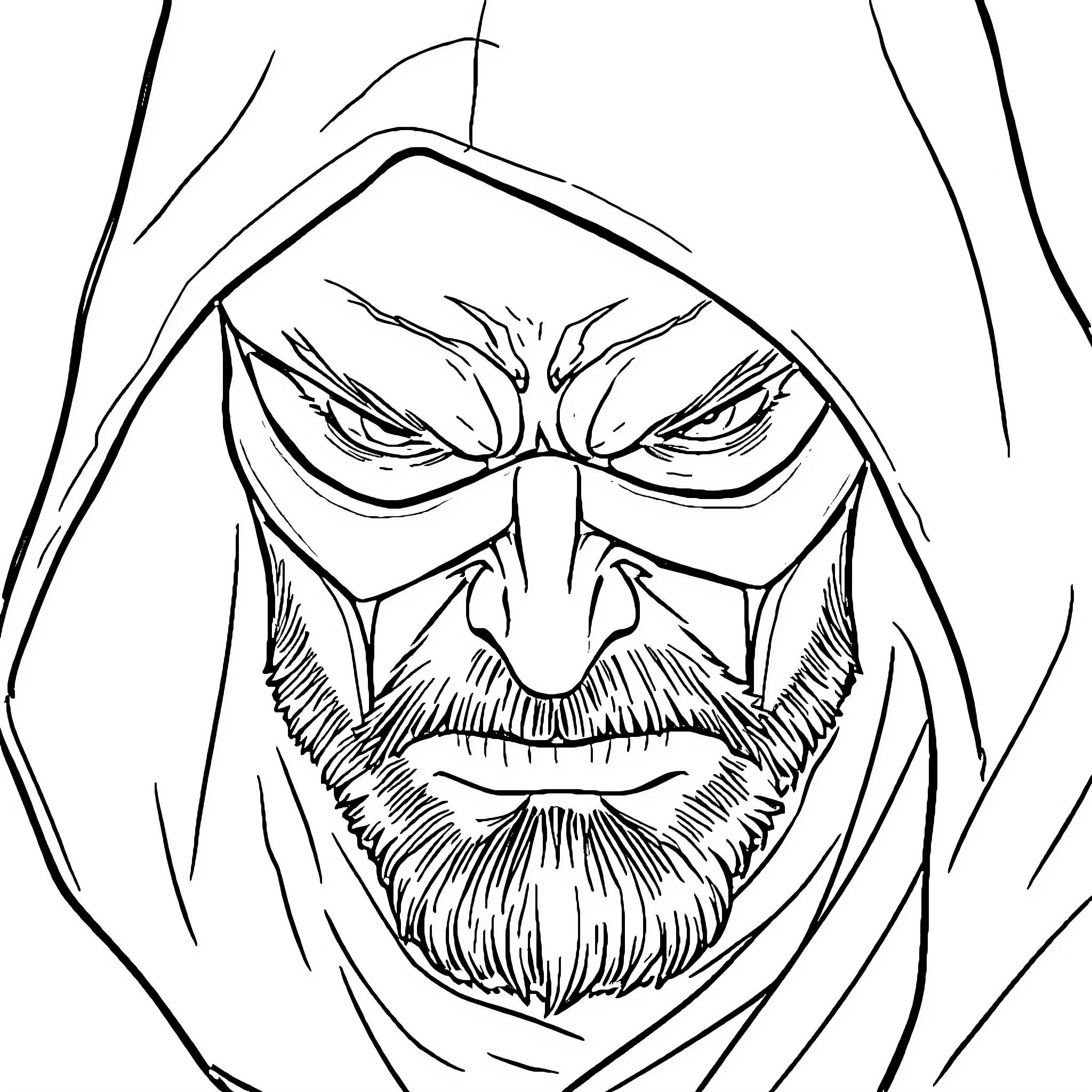 Samurai Warrior's Fierce Gaze Coloring Page (free black-and-white line drawing printable PDF for all, from beginners to advanced learners, including children, teens, adults, and seniors)