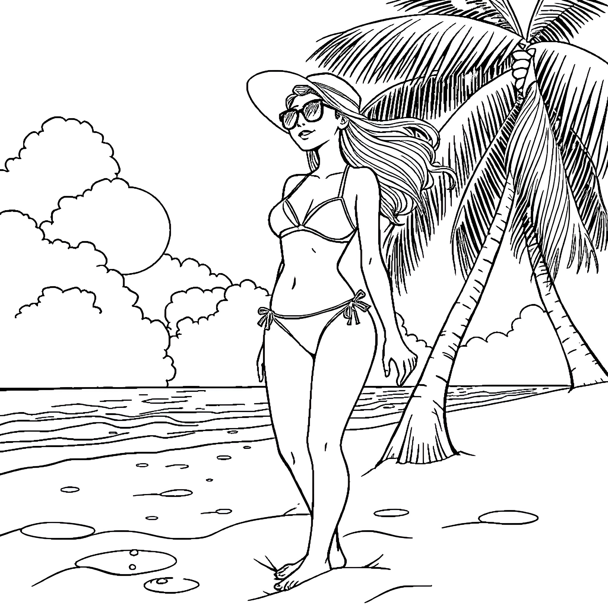 Bikini Girl enjoying the tropical beach Coloring Page (free black-and-white line drawing printable PDF for all, from beginners to advanced learners, including children, teens, adults, and seniors)