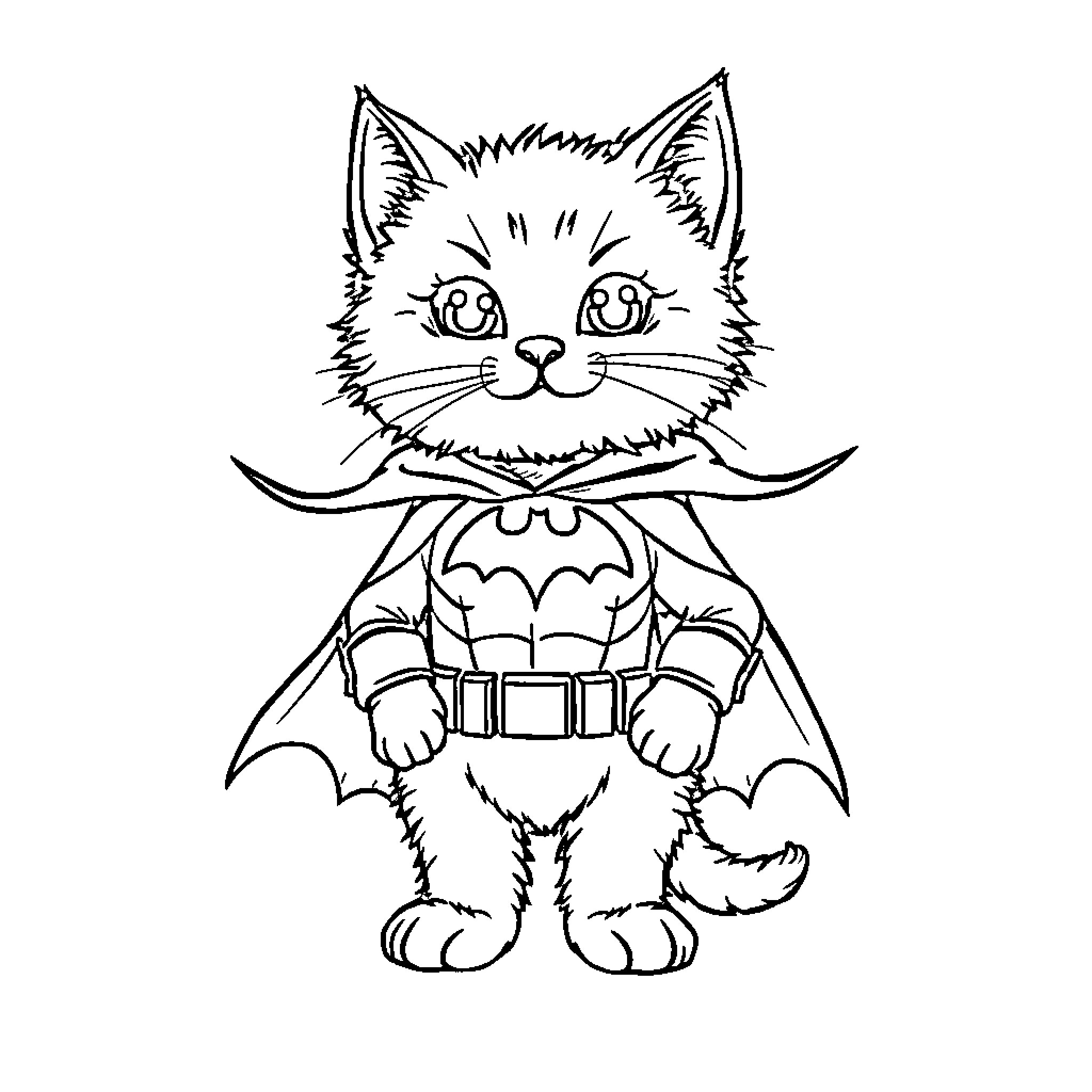 Cat superhero in costume Coloring Page (free black-and-white line drawing printable PDF for all, from beginners to advanced learners, including children, teens, adults, and seniors)