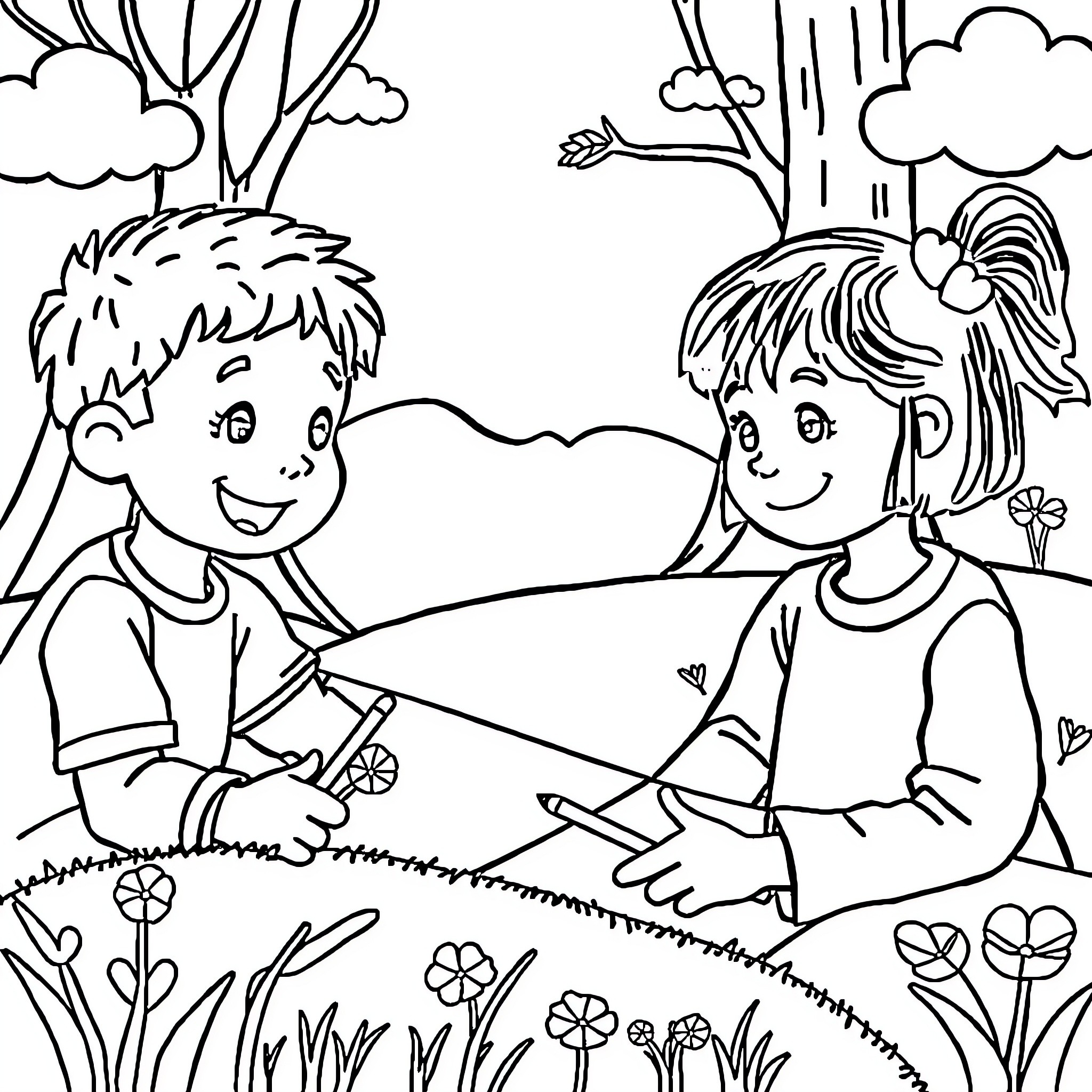 Primary Children Playing Together in Nature Coloring Page (free black-and-white line drawing printable PDF for all, from beginners to advanced learners, including children, teens, adults, and seniors)