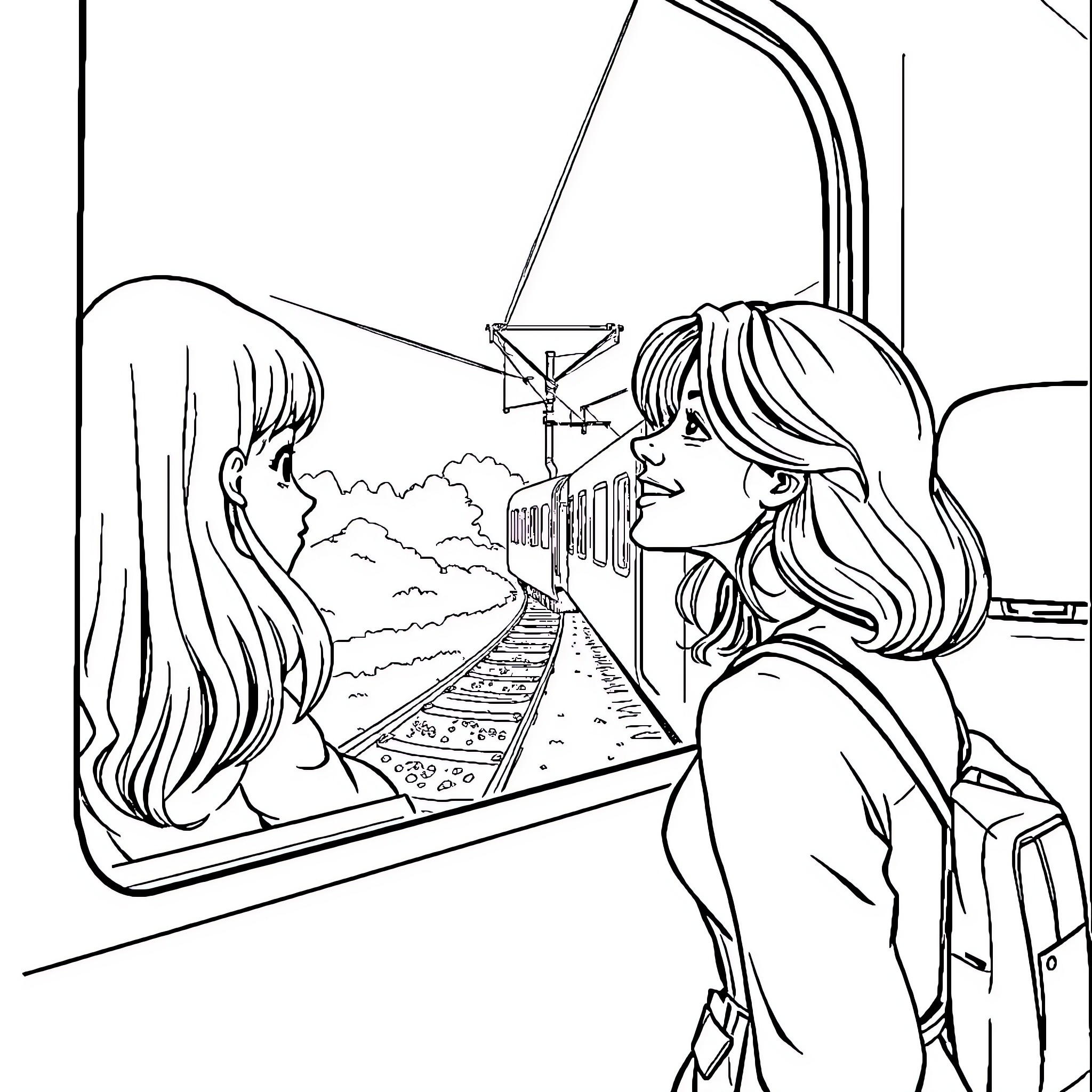 Girl Admiring the Scenic Railway Through the Window Coloring Page (free black-and-white line drawing printable PDF for all, from beginners to advanced learners, including children, teens, adults, and seniors)