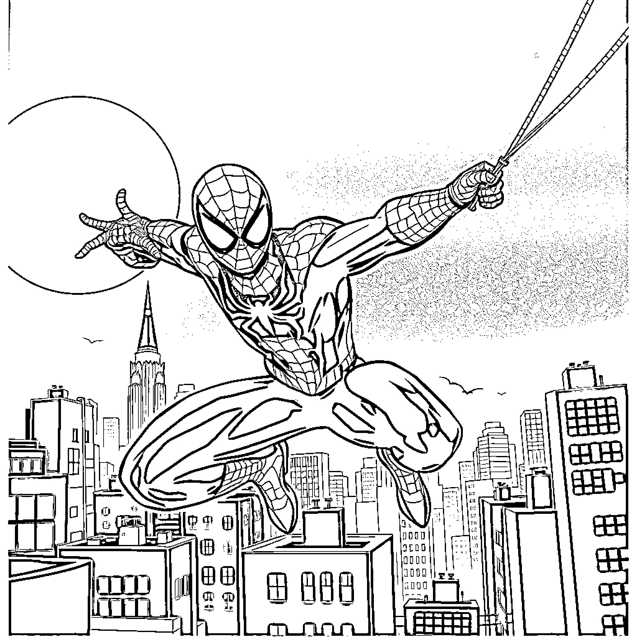 Spider-Man swinging through the city with heroic pose Coloring Page (free black-and-white line drawing printable PDF for all, from beginners to advanced learners, including children, teens, adults, and seniors)