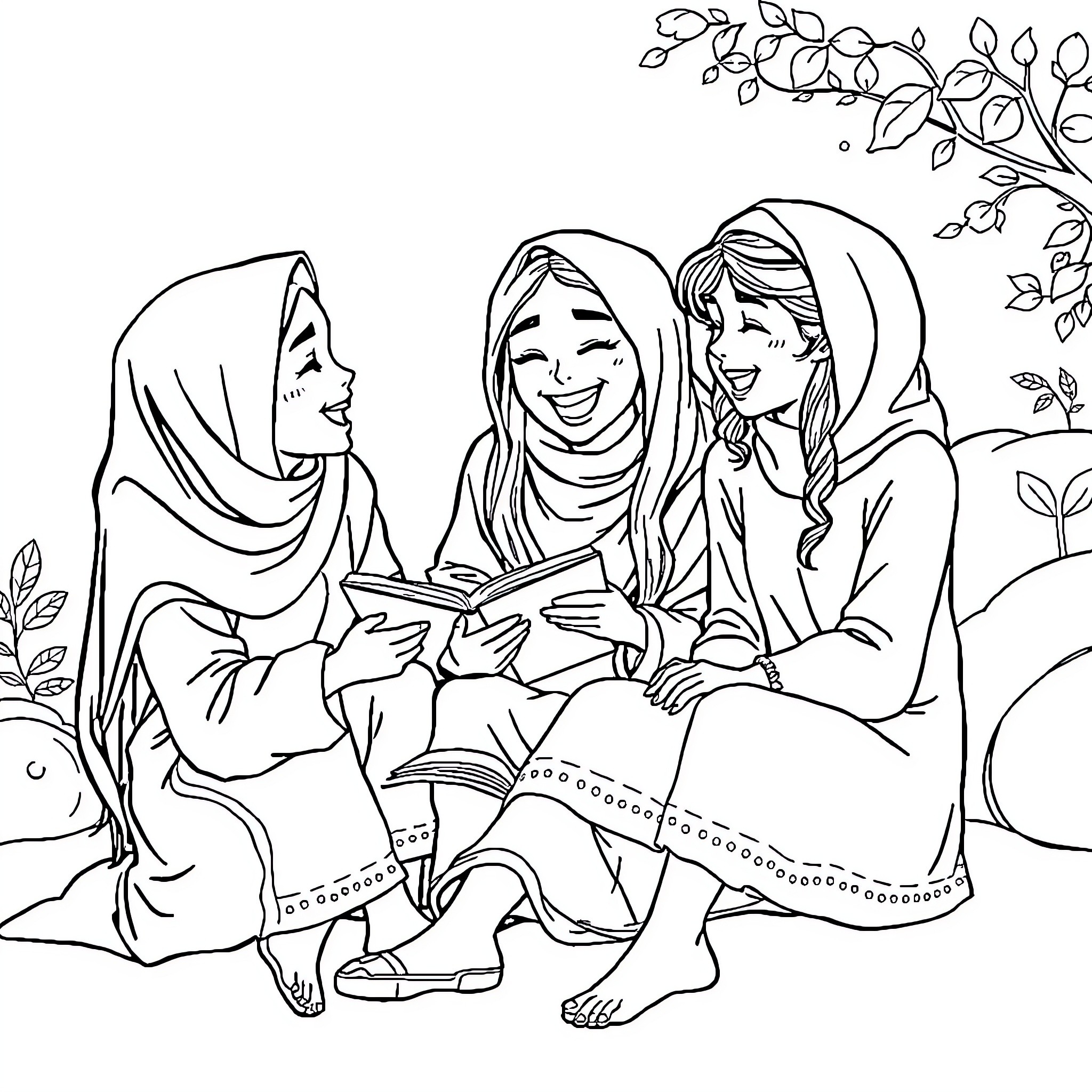 Rumi: Three women in conversation outdoors Coloring Page (free black-and-white line drawing printable PDF for all, from beginners to advanced learners, including children, teens, adults, and seniors)