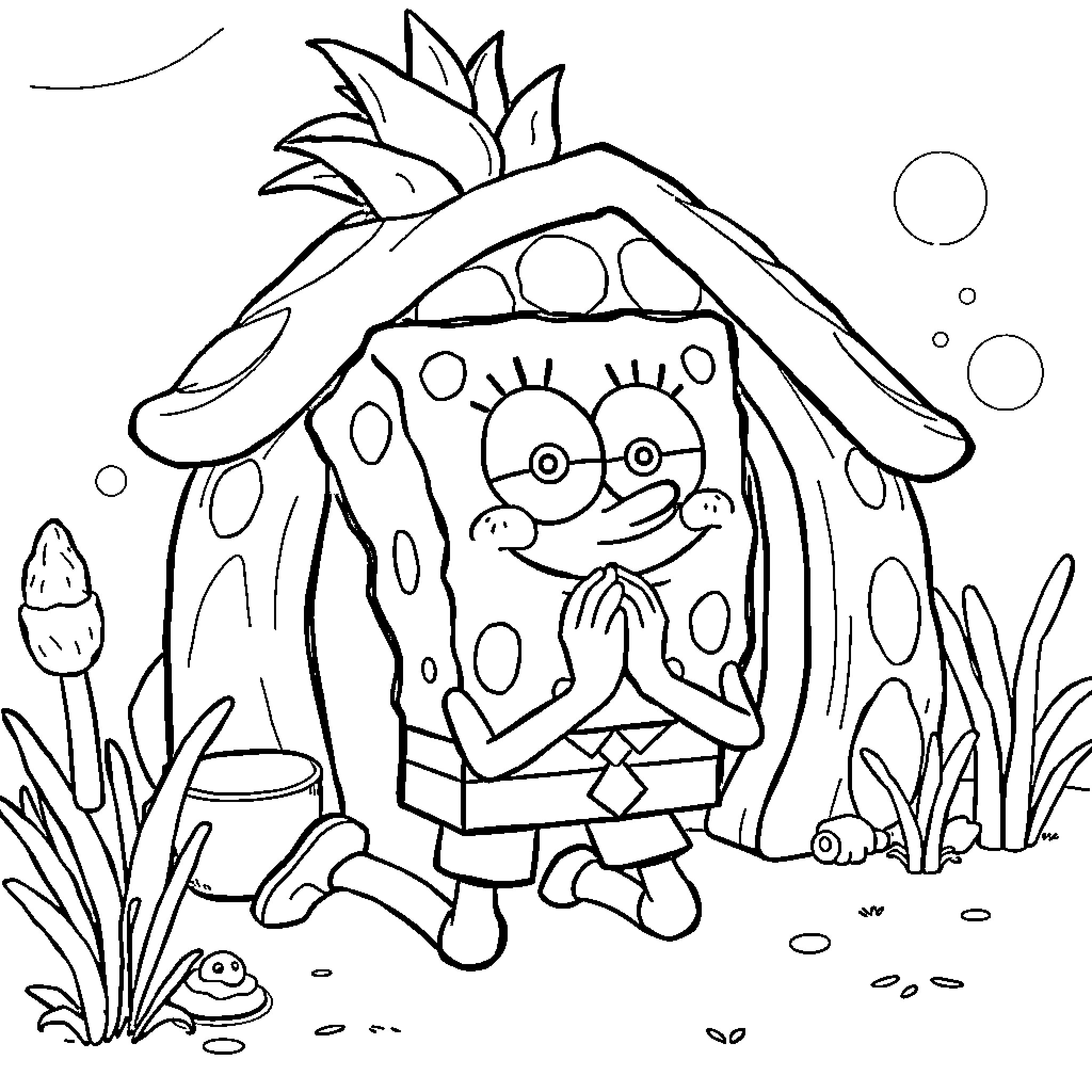 Spongebob enjoying nature in his pineapple house Coloring Page (free black-and-white line drawing printable PDF for all, from beginners to advanced learners, including children, teens, adults, and seniors)