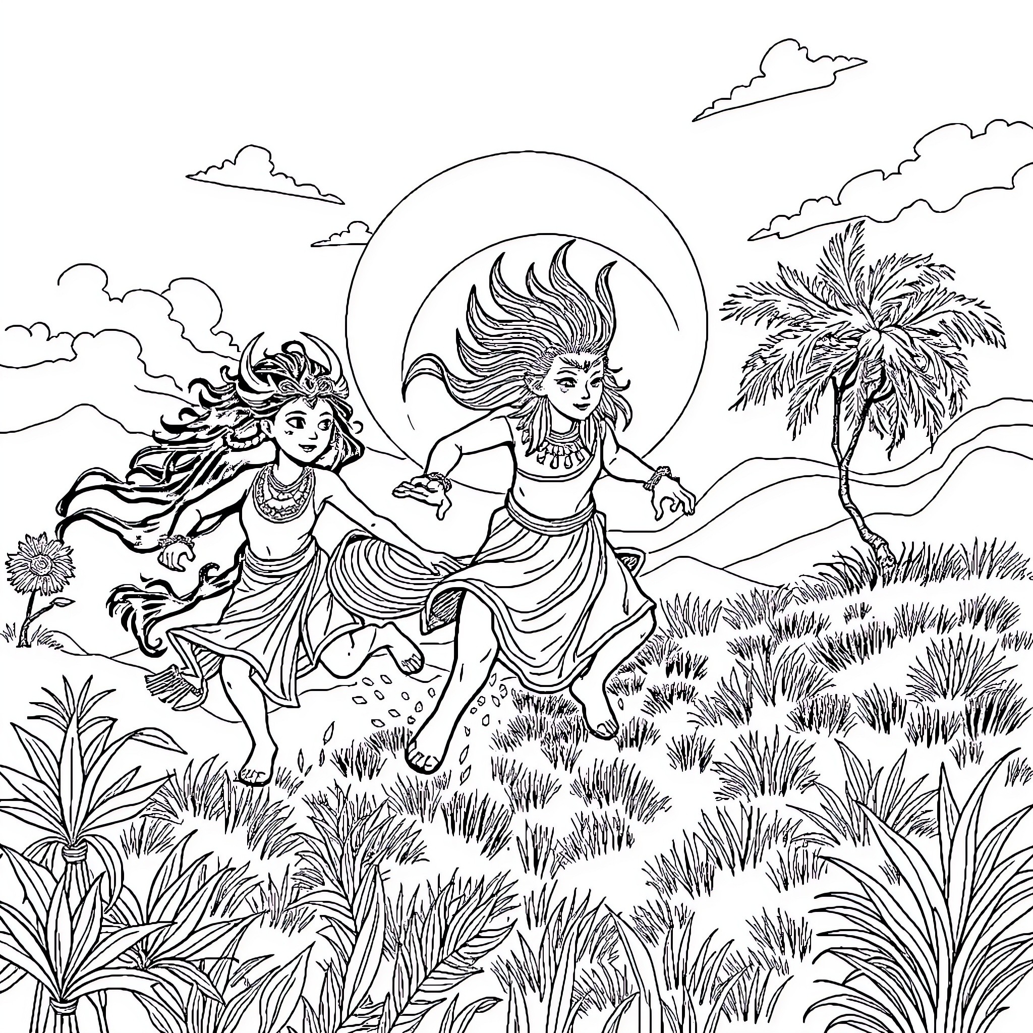 Sahur scene with joyful women dancing in nature Coloring Page (free black-and-white line drawing printable PDF for all, from beginners to advanced learners, including children, teens, adults, and seniors)