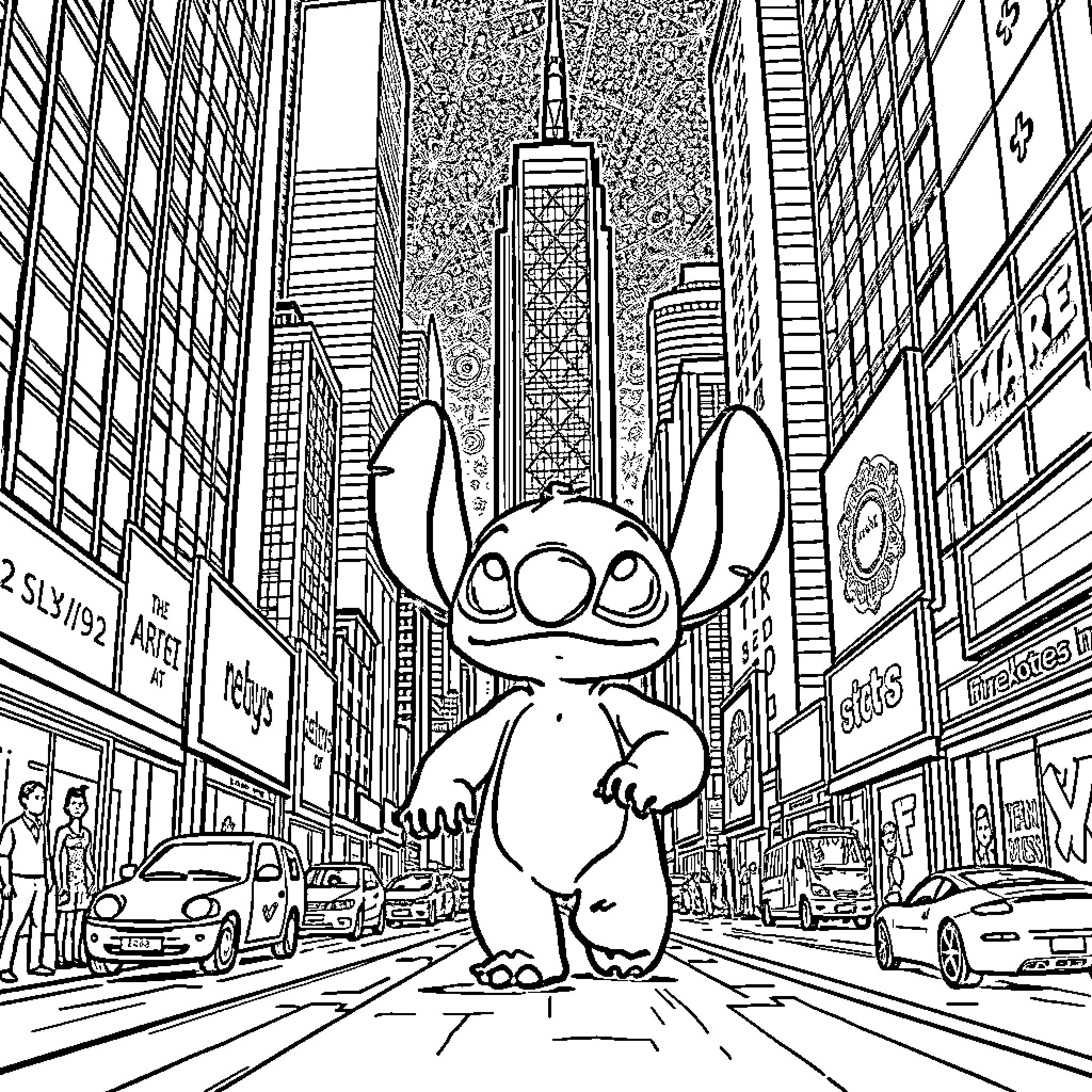 Stitch Explores the Bustling City Streets Coloring Page (free black-and-white line drawing printable PDF for all, from beginners to advanced learners, including children, teens, adults, and seniors)