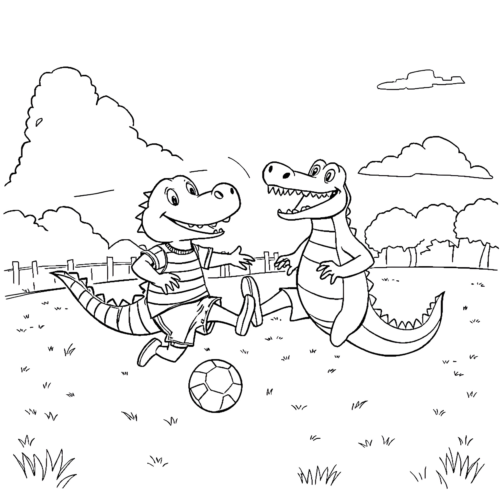 Tralalero Playful Dinosaurs Enjoy Soccer Match Coloring Page (free black-and-white line drawing printable PDF for all, from beginners to advanced learners, including children, teens, adults, and seniors)