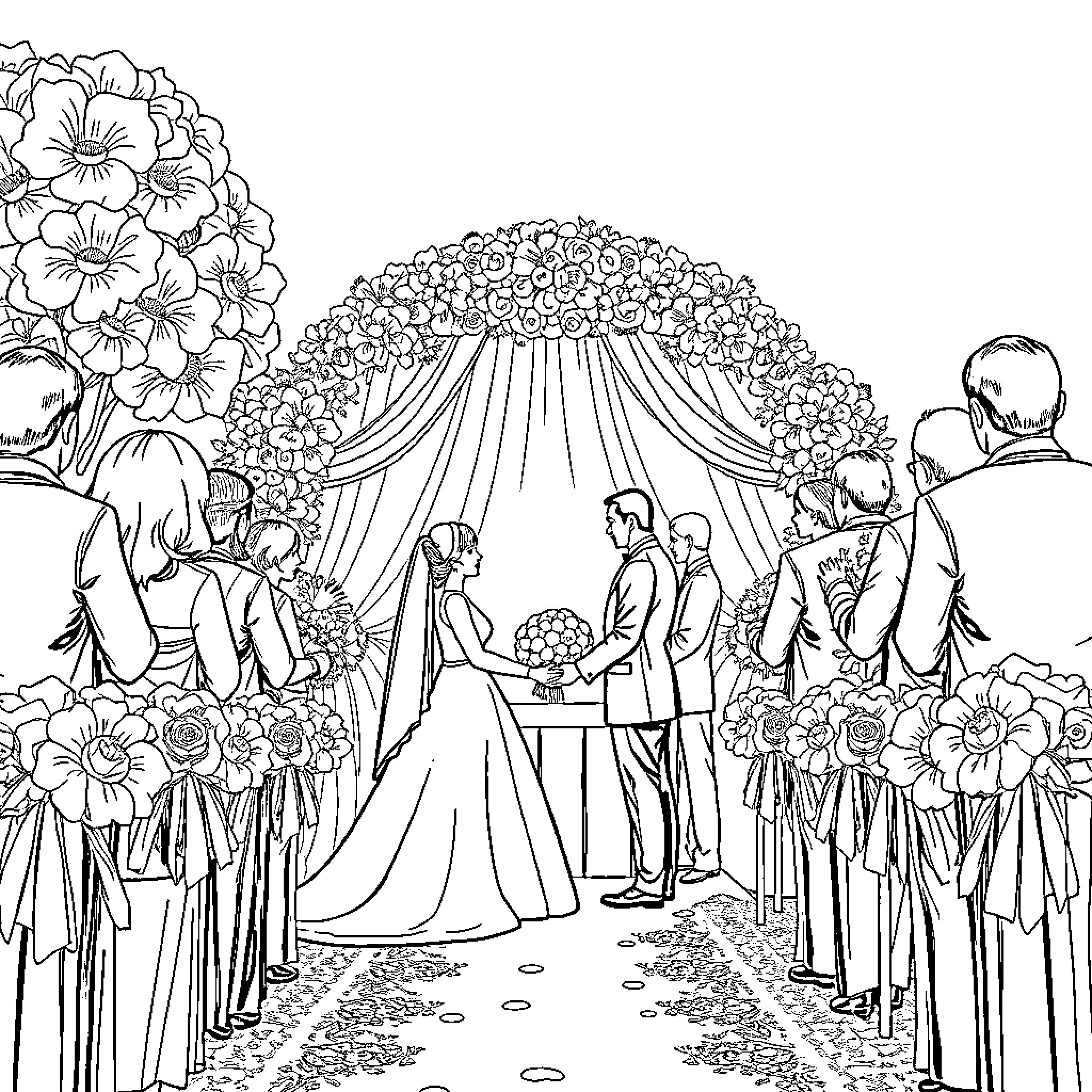Wedding Ceremony with Floral Arch and Guests Coloring Page (free black-and-white line drawing printable PDF for all, from beginners to advanced learners, including children, teens, adults, and seniors)