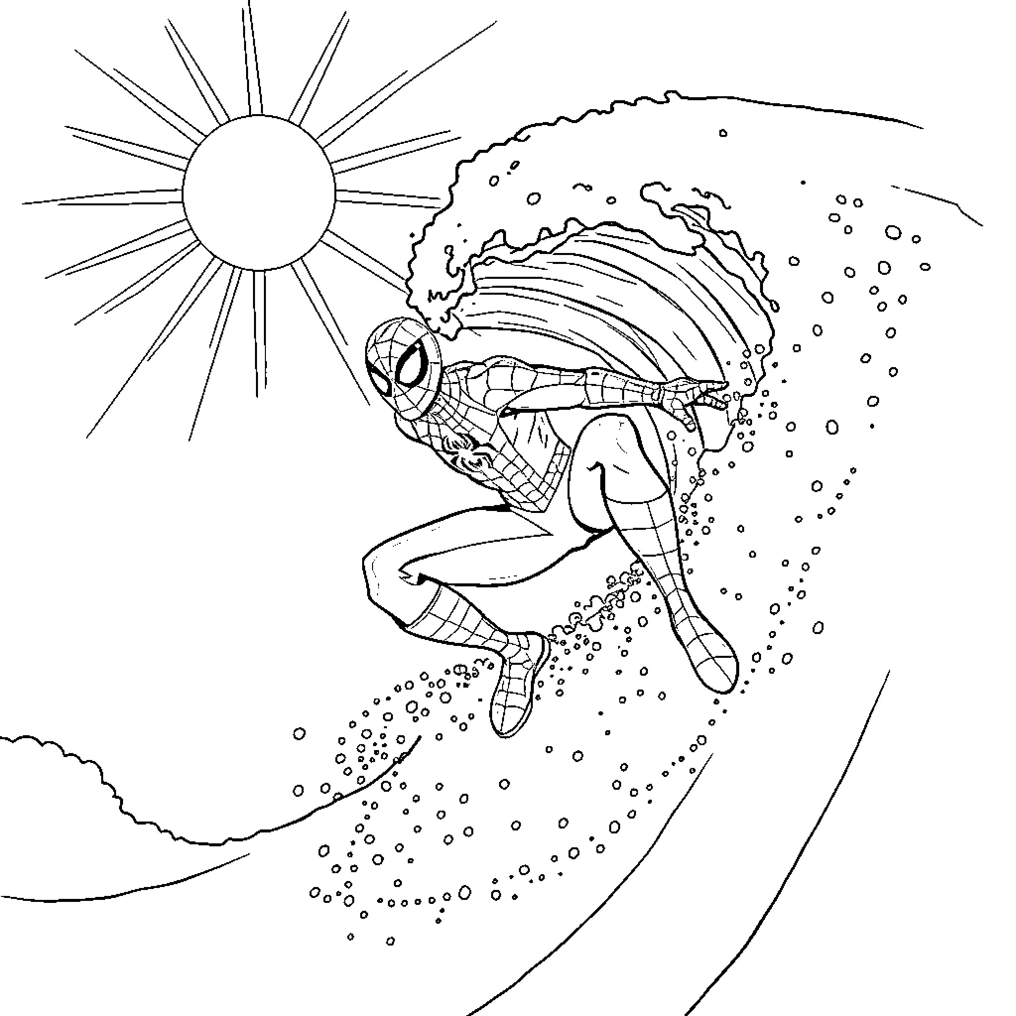 Spider-Man surfing a giant wave in the sun Coloring Page (free black-and-white line drawing printable PDF for all, from beginners to advanced learners, including children, teens, adults, and seniors)