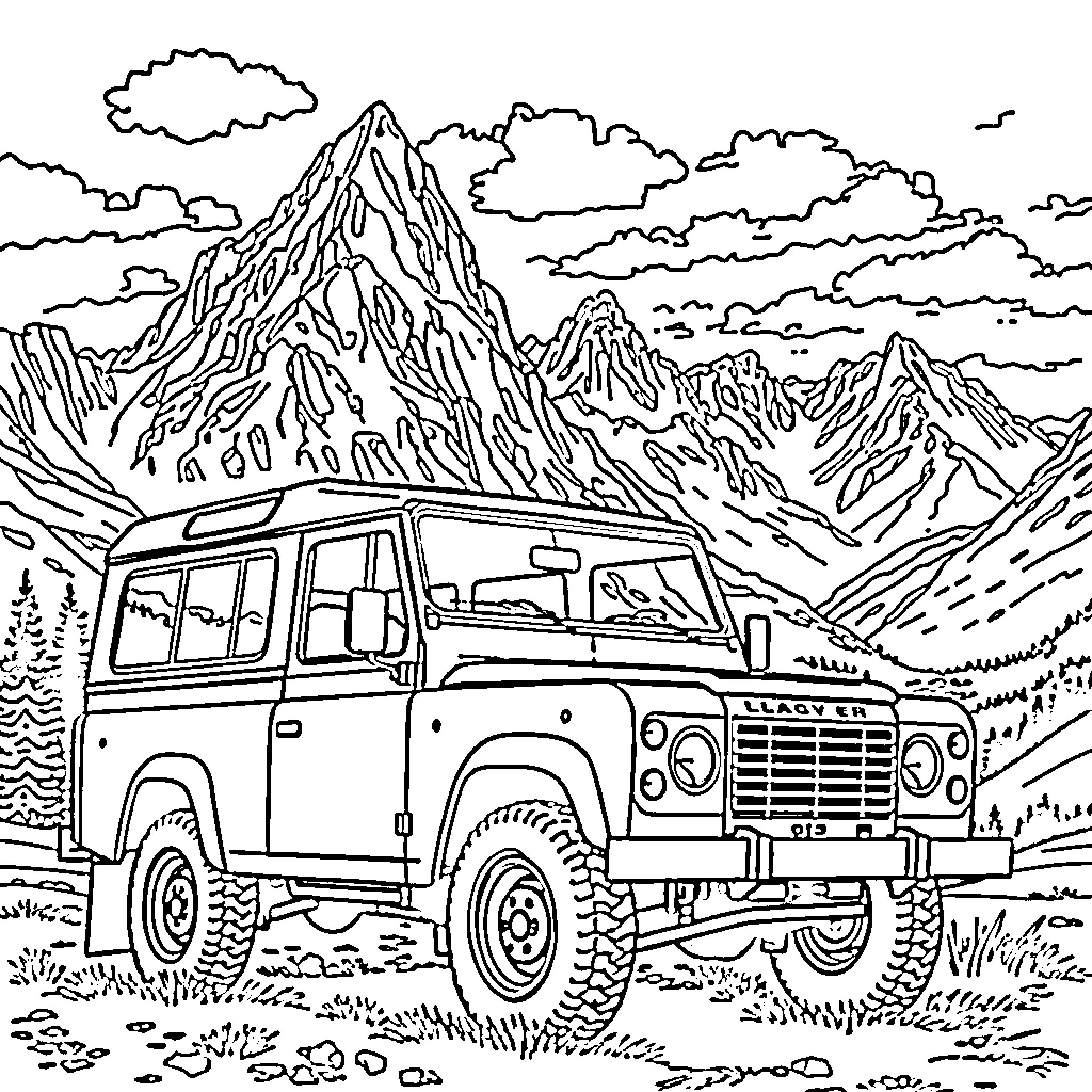 Land Rover Exploring Majestic Mountain Landscape Coloring Page (free black-and-white line drawing printable PDF for all, from beginners to advanced learners, including children, teens, adults, and seniors)