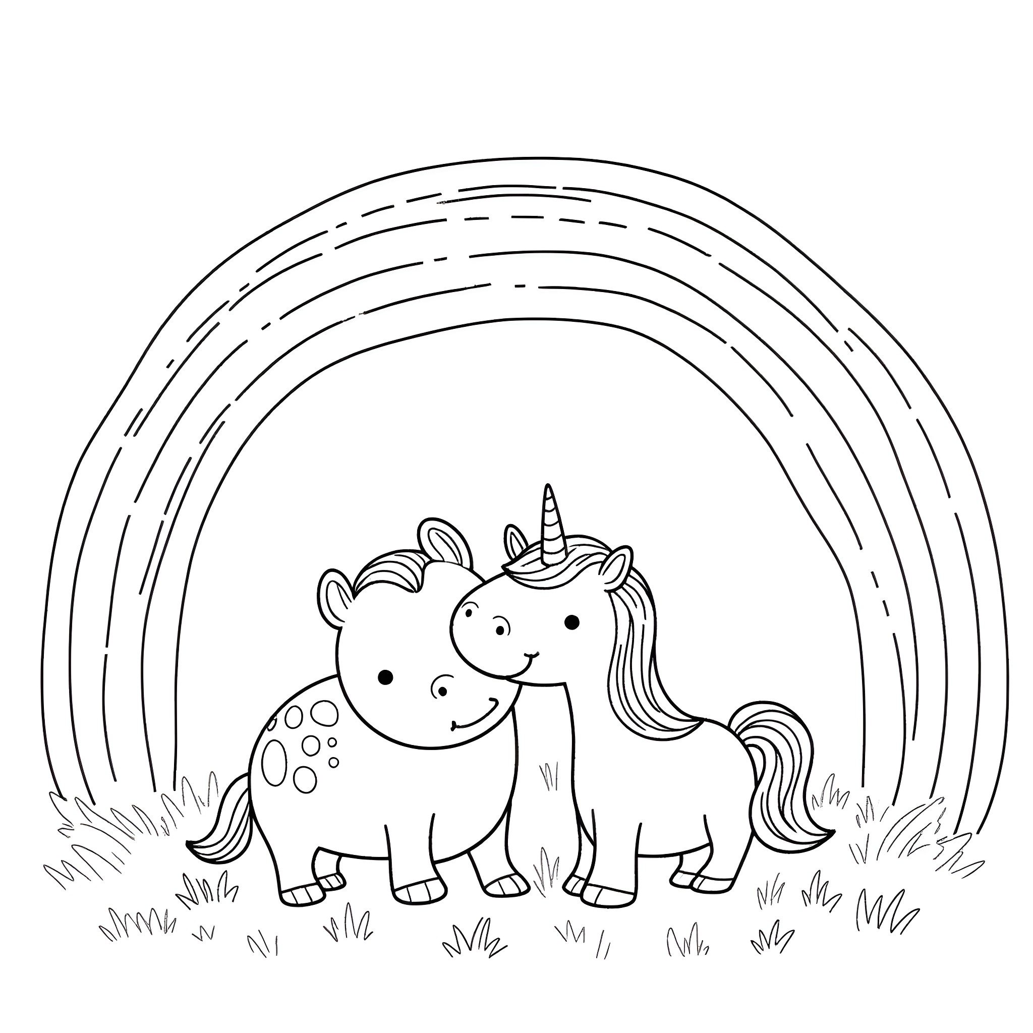 Hippo unicorn enjoying a rainbow field Coloring Page (free black-and-white line drawing printable PDF for all, from beginners to advanced learners, including children, teens, adults, and seniors)