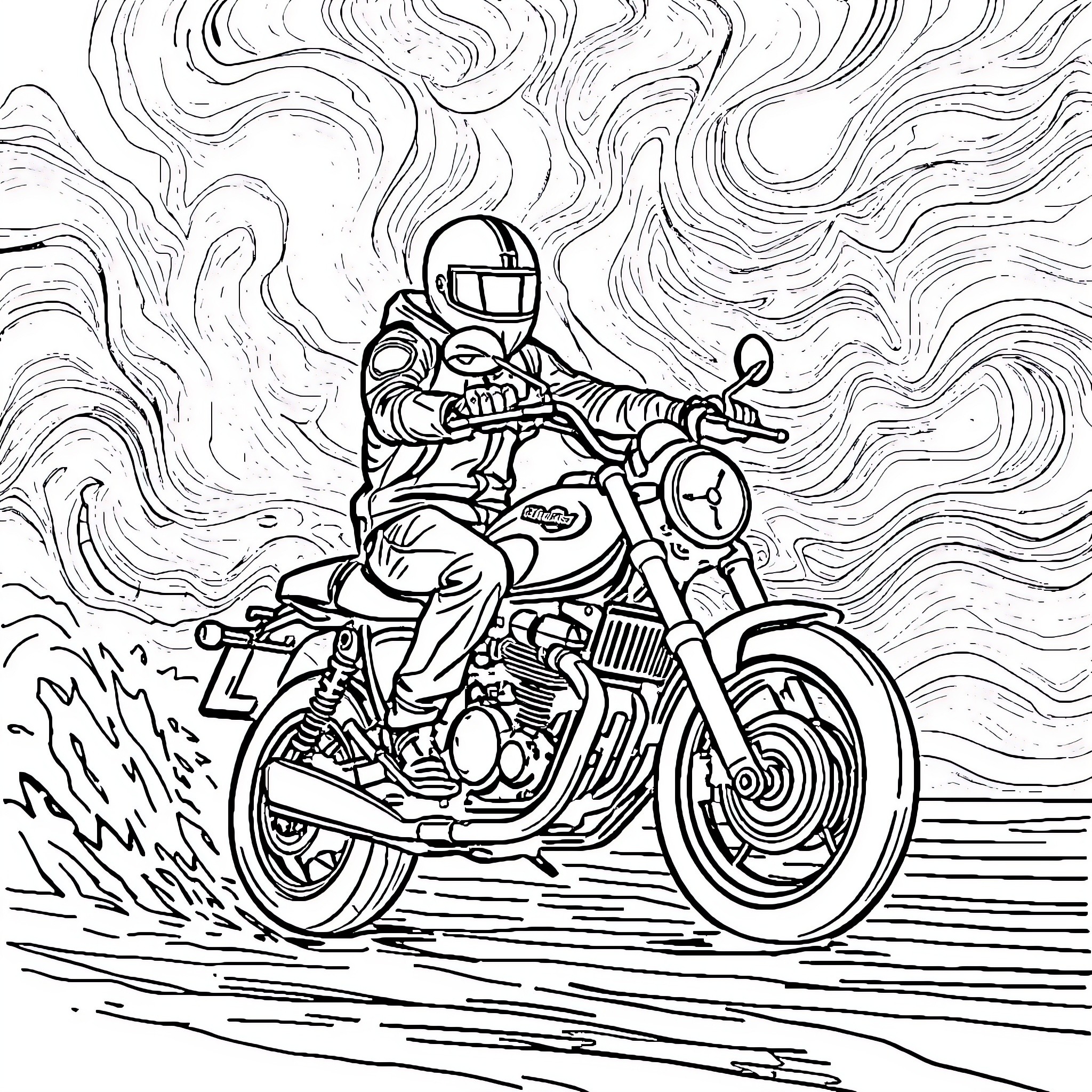 Person riding motorcycle on winding road Coloring Page (free black-and-white line drawing printable PDF for all, from beginners to advanced learners, including children, teens, adults, and seniors)