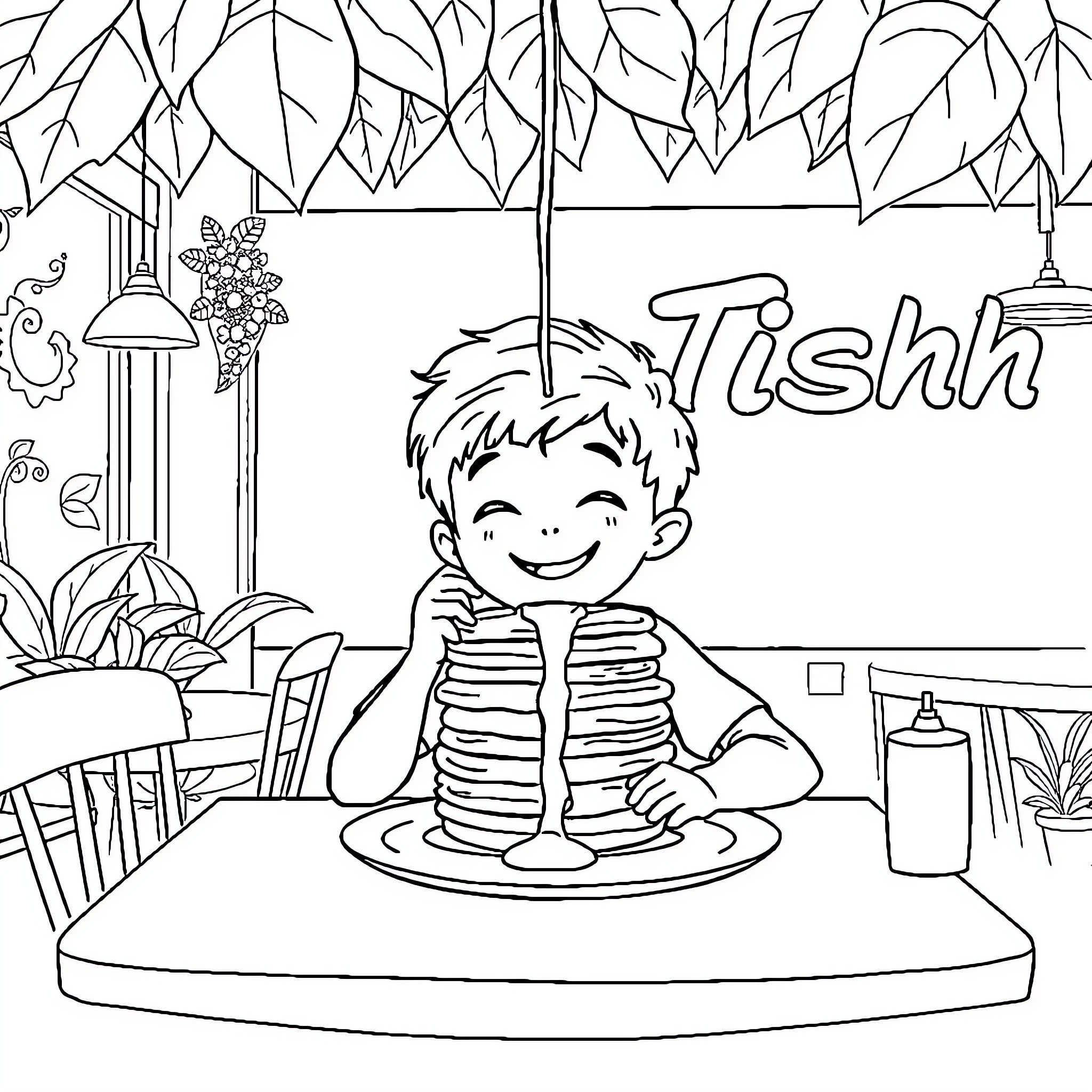 Kid enjoying delicious meal at restaurant Coloring Page (free black-and-white line drawing printable PDF for all, from beginners to advanced learners, including children, teens, adults, and seniors)
