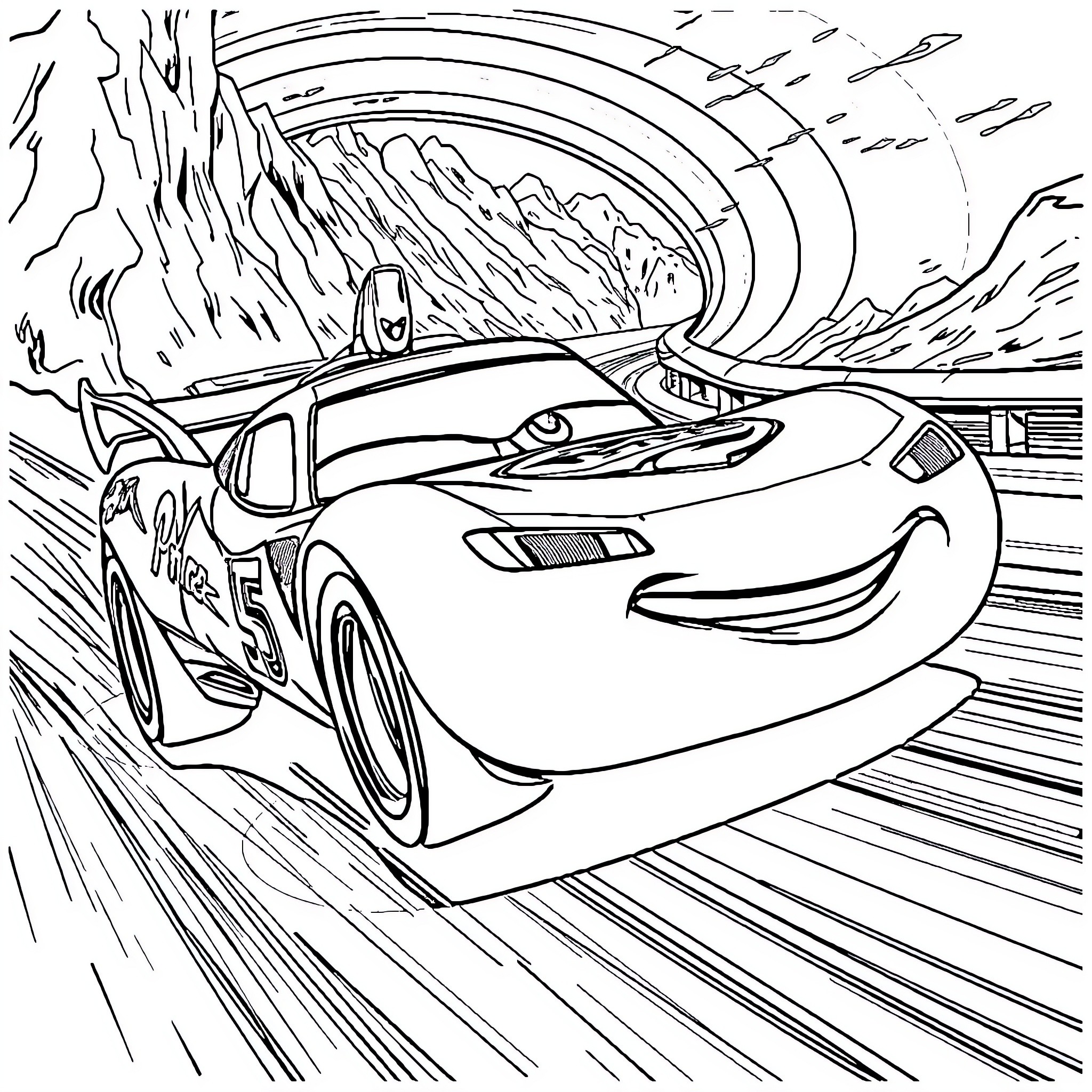 Lightning McQueen racing through a stylized landscape Coloring Page (free black-and-white line drawing printable PDF for all, from beginners to advanced learners, including children, teens, adults, and seniors)