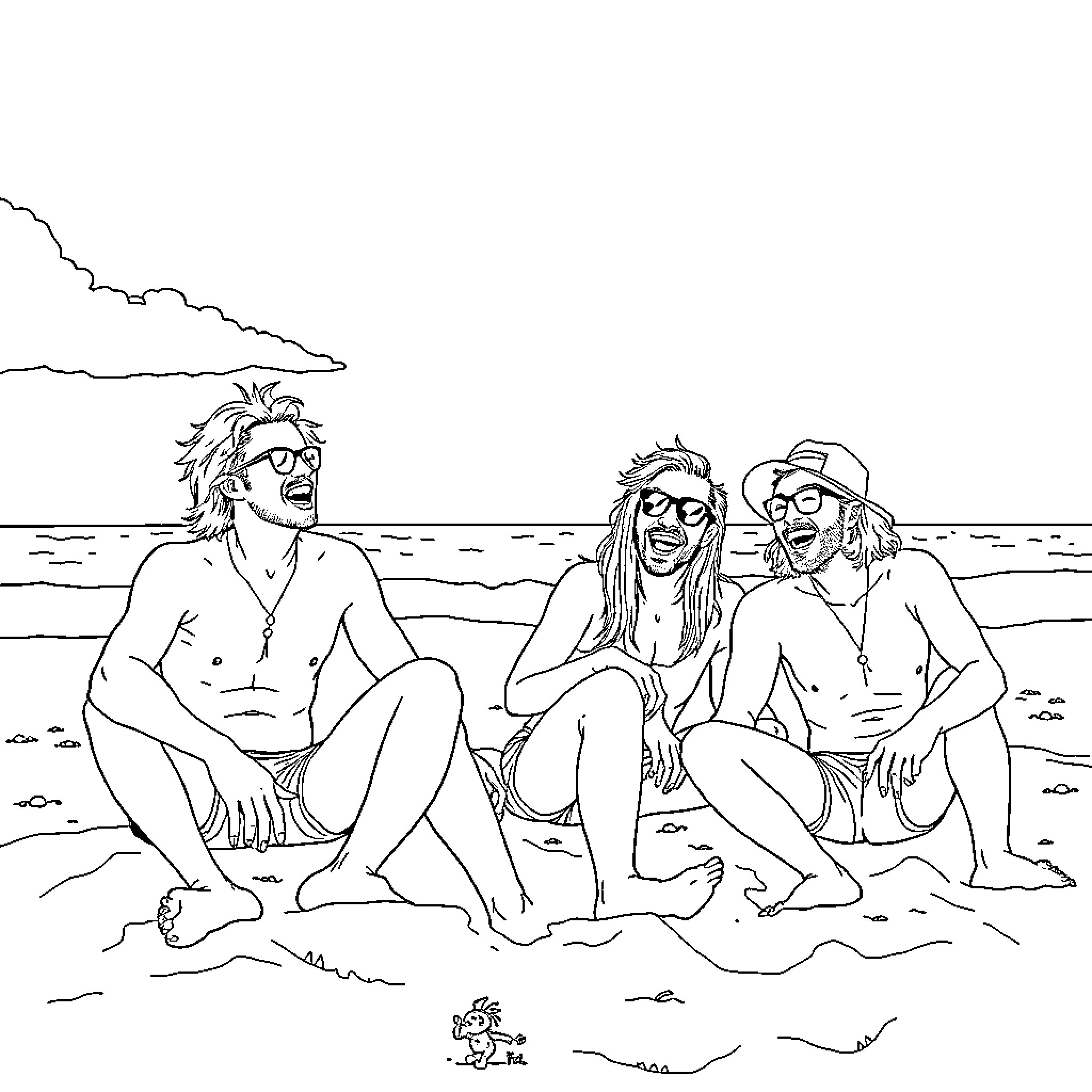 Band members relaxing on the beach Coloring Page (free black-and-white line drawing printable PDF for all, from beginners to advanced learners, including children, teens, adults, and seniors)