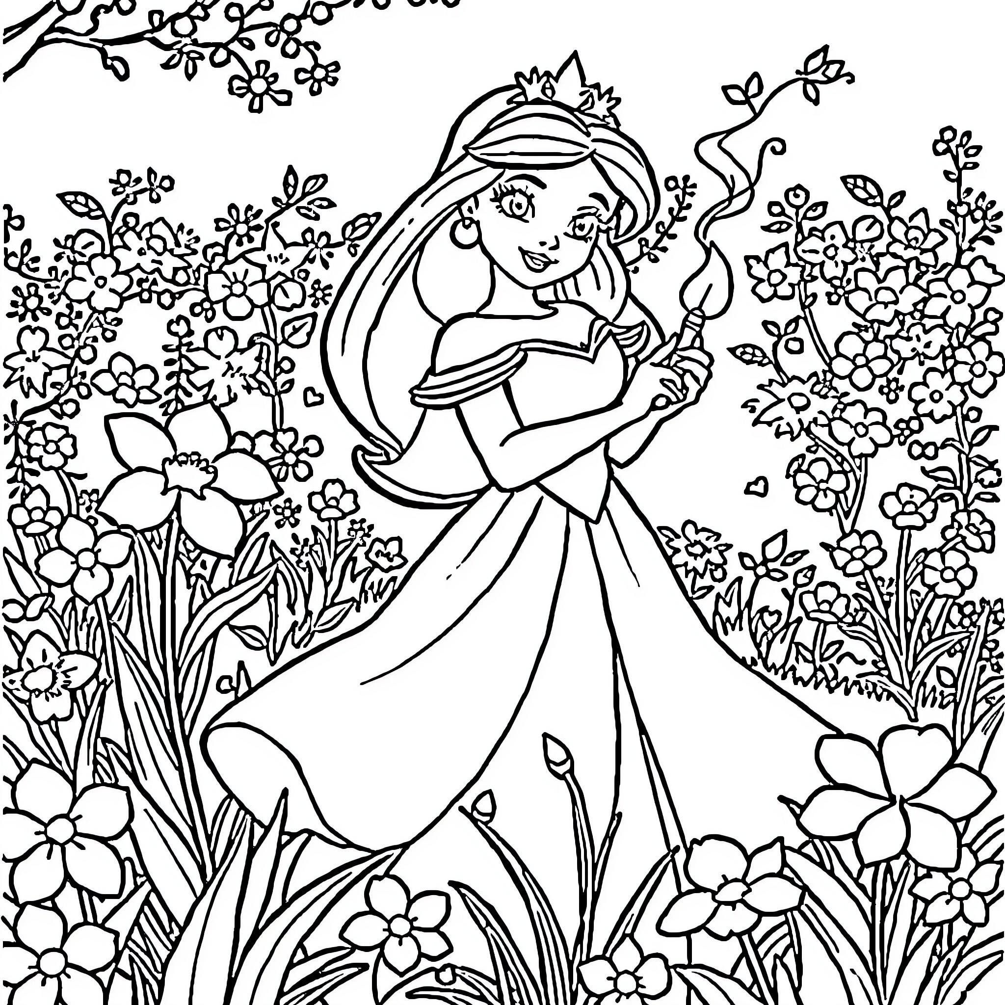 Disney Princess in Enchanted Floral Garden Coloring Page (free black-and-white line drawing printable PDF for all, from beginners to advanced learners, including children, teens, adults, and seniors)