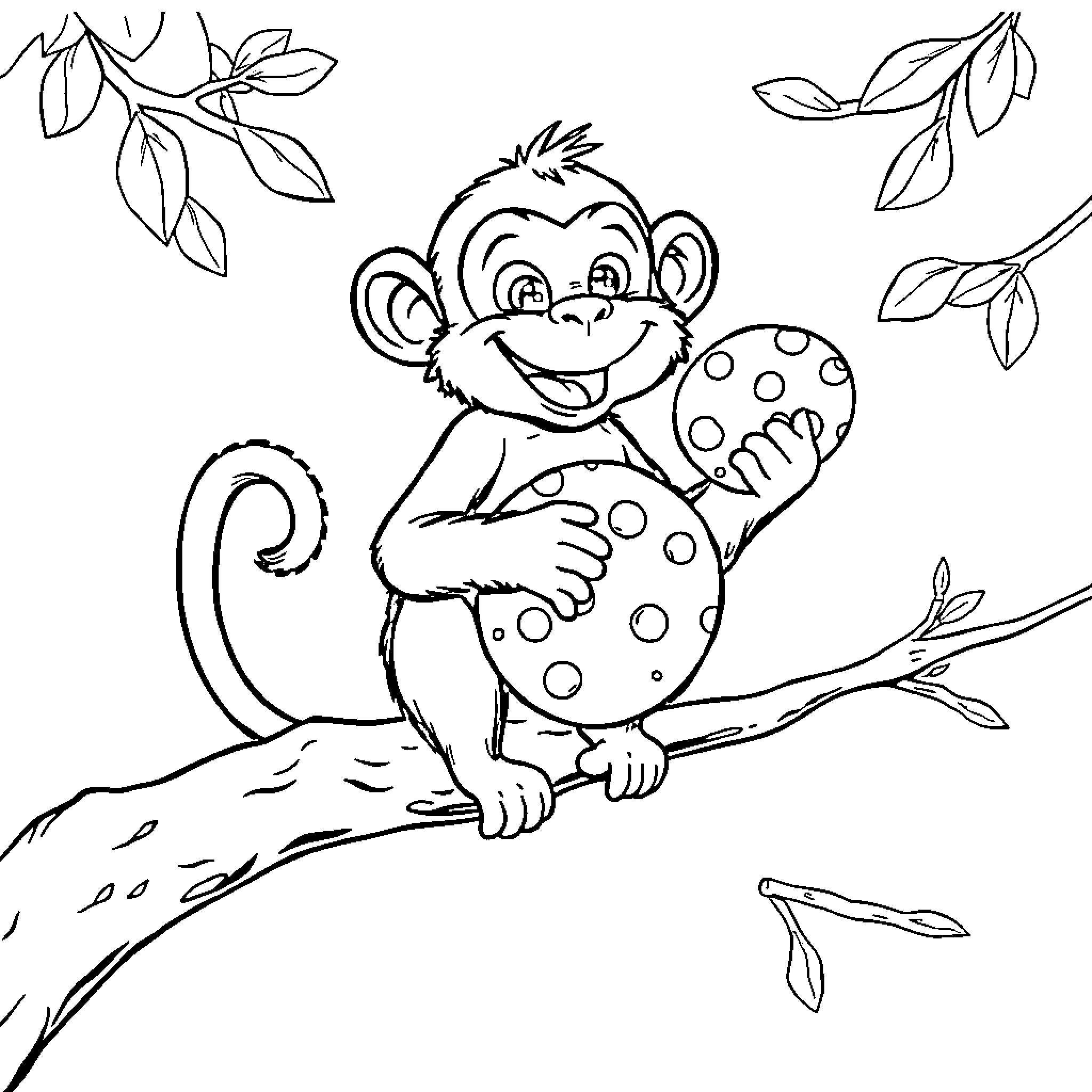 Monkey playing happily on a branch Coloring Page (free black-and-white line drawing printable PDF for all, from beginners to advanced learners, including children, teens, adults, and seniors)