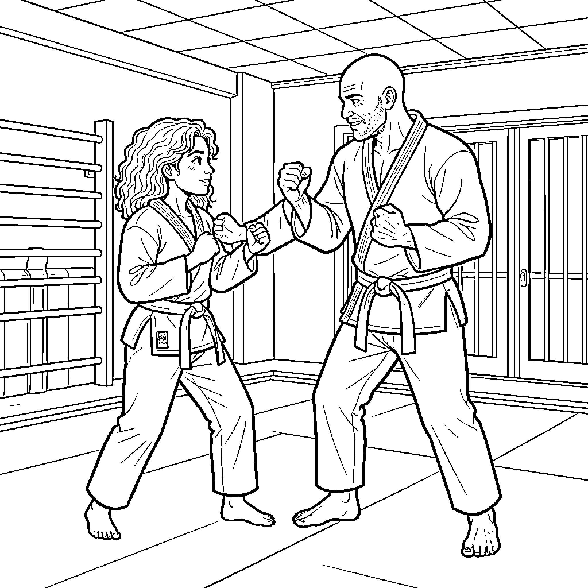 Jiu Jitsu practitioners sparring in dojo Coloring Page (free black-and-white line drawing printable PDF for all, from beginners to advanced learners, including children, teens, adults, and seniors)