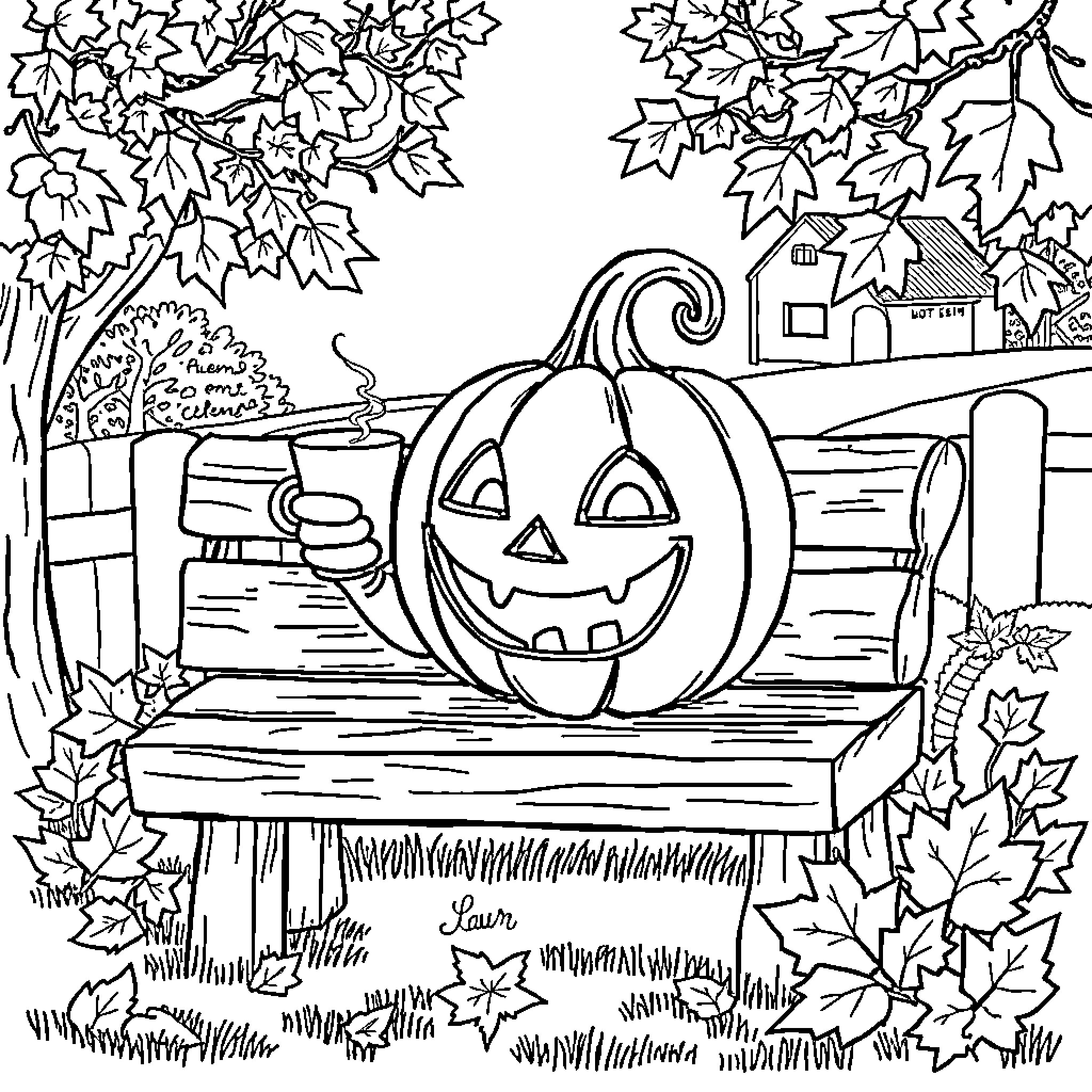 Jack-o'-lantern on a wooden bench in autumn landscape Coloring Page (free black-and-white line drawing printable PDF for all, from beginners to advanced learners, including children, teens, adults, and seniors)