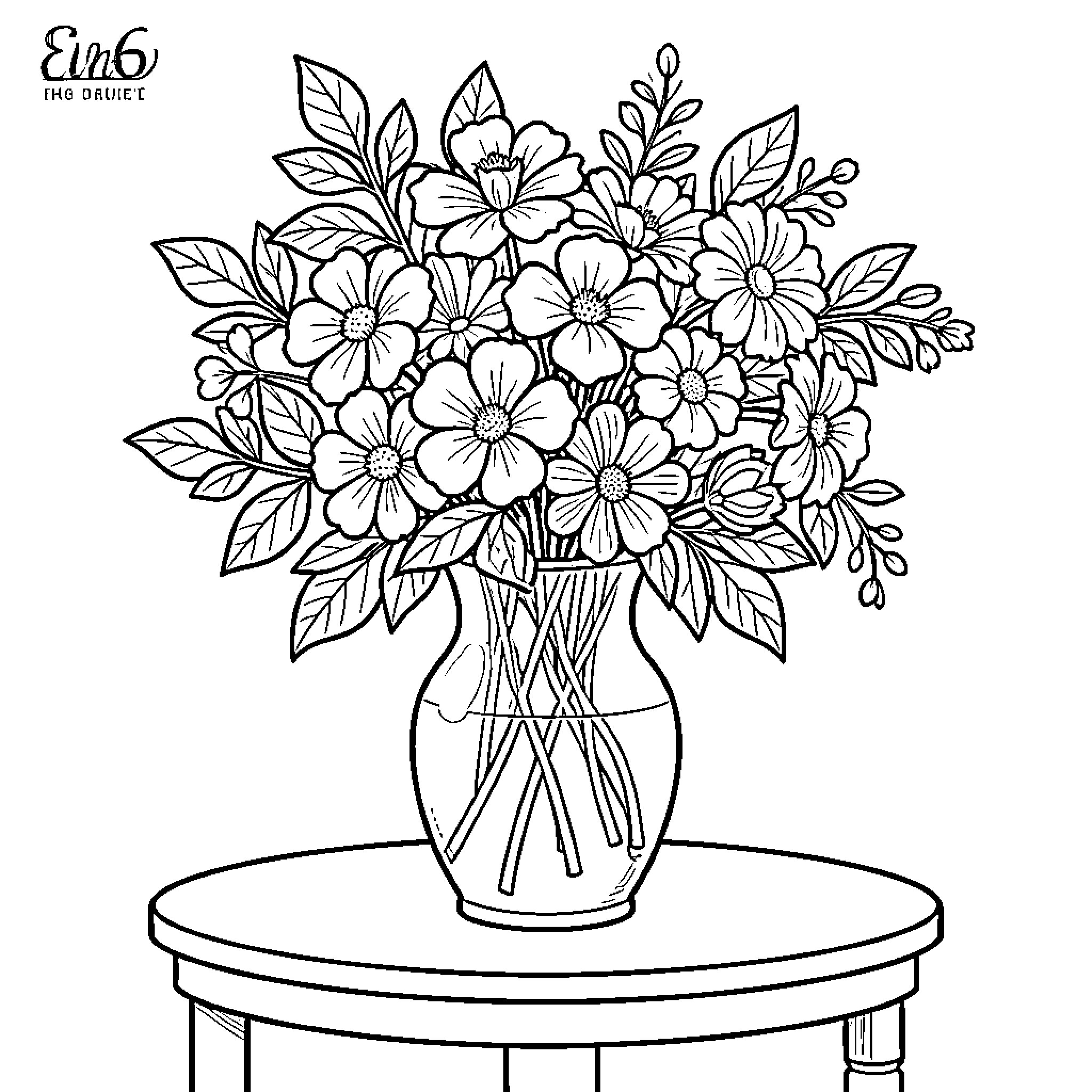 Vase of blooming wildflowers on a table Coloring Page (free black-and-white line drawing printable PDF for all, from beginners to advanced learners, including children, teens, adults, and seniors)
