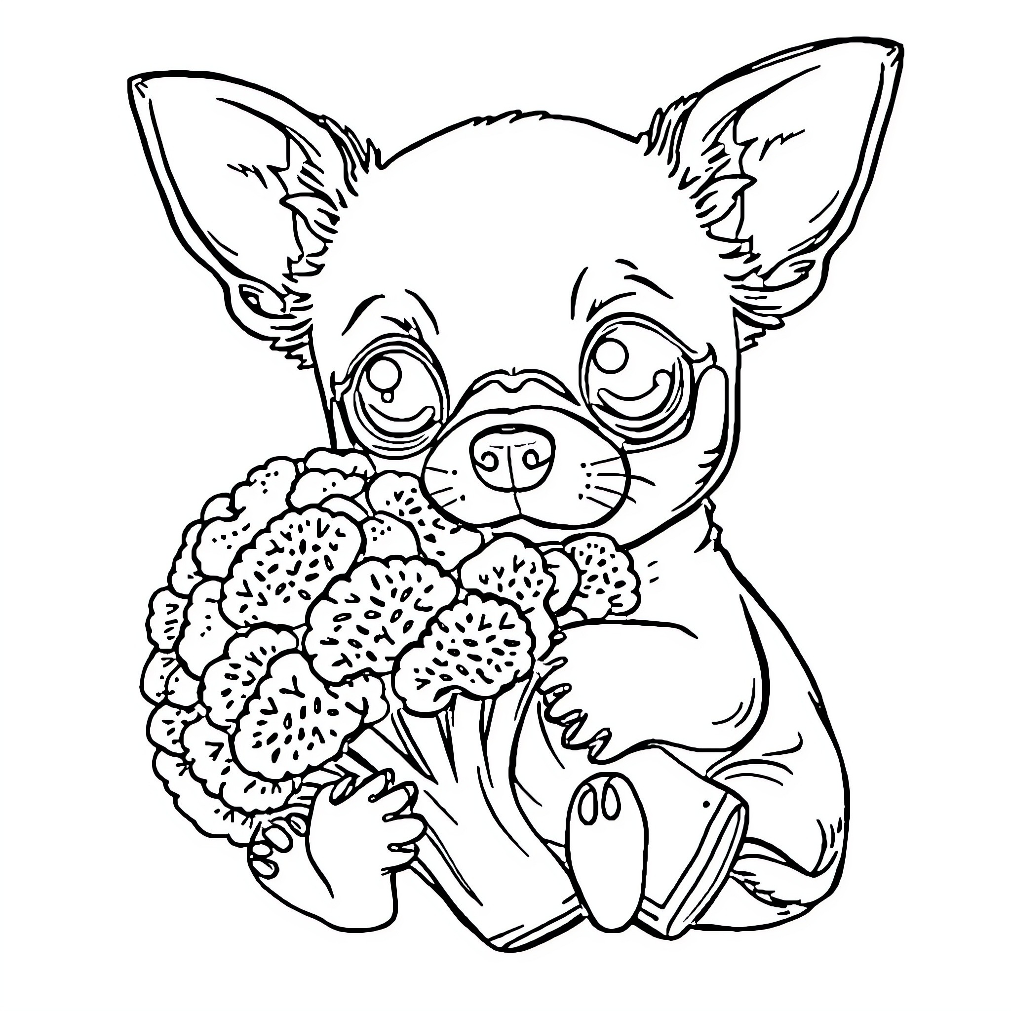 Chihuahua holding a bouquet of flowers Coloring Page (free black-and-white line drawing printable PDF for all, from beginners to advanced learners, including children, teens, adults, and seniors)
