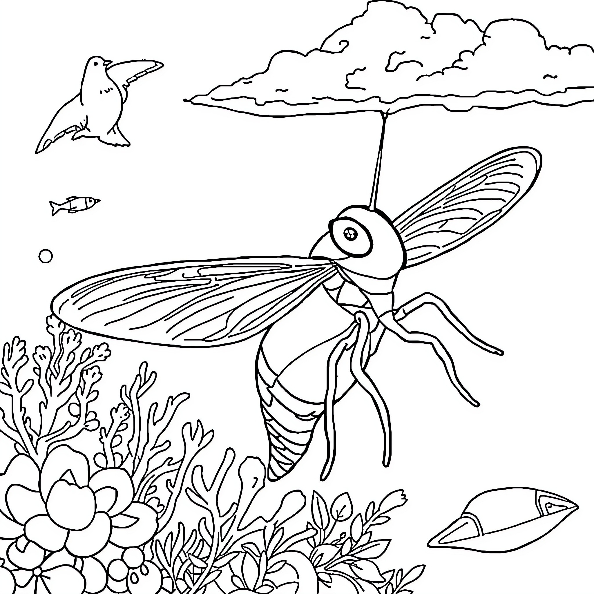 Powder Winged Creature Explores Underwater Scenery Coloring Page (free black-and-white line drawing printable PDF for all, from beginners to advanced learners, including children, teens, adults, and seniors)