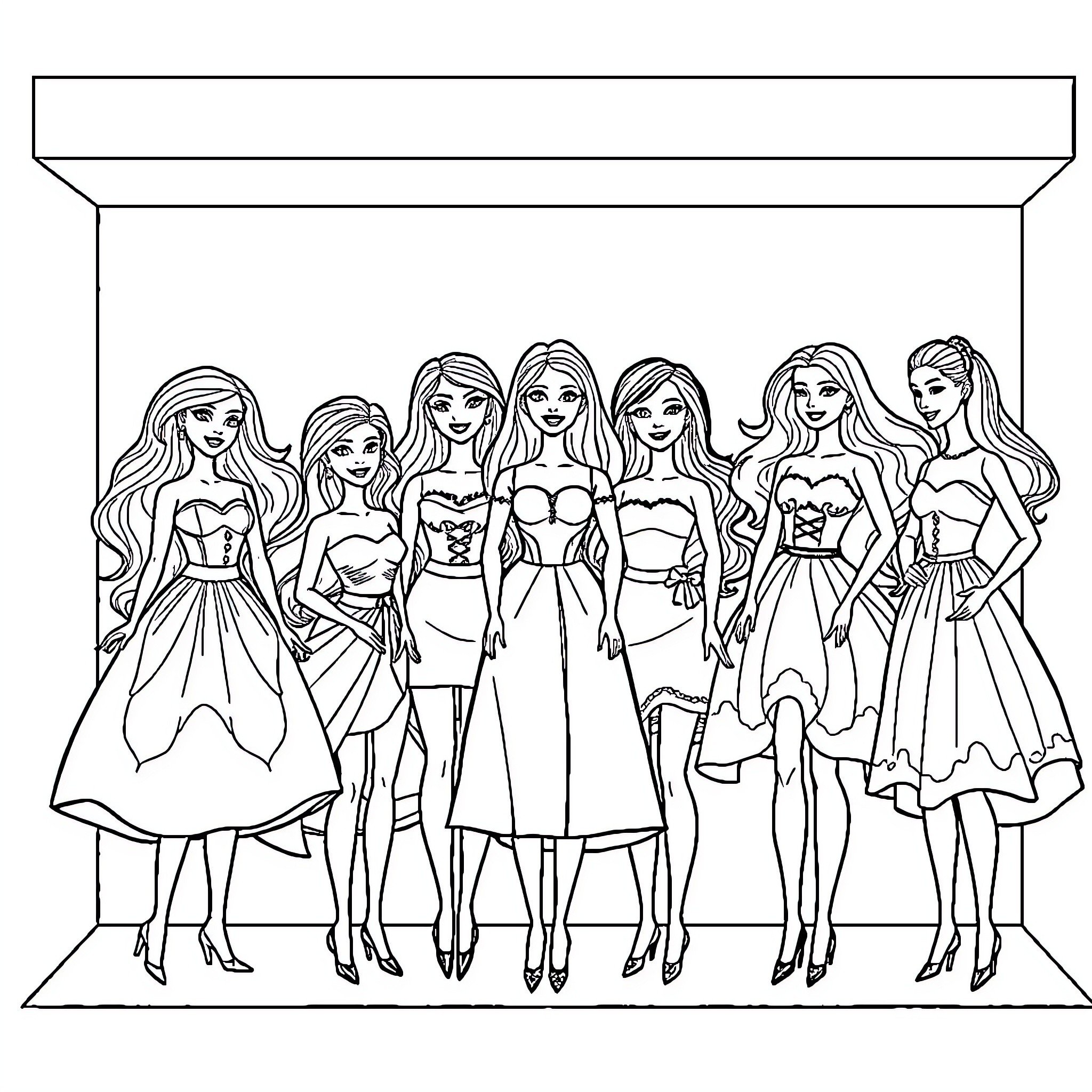 Barbie dolls in various fashionable outfits and poses Coloring Page (free black-and-white line drawing printable PDF for all, from beginners to advanced learners, including children, teens, adults, and seniors)