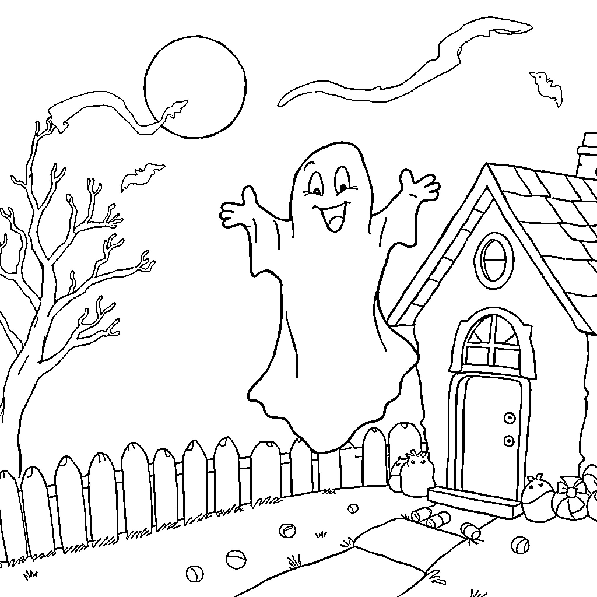 Ghost playing joyfully in spooky neighborhood Coloring Page (free black-and-white line drawing printable PDF for all, from beginners to advanced learners, including children, teens, adults, and seniors)