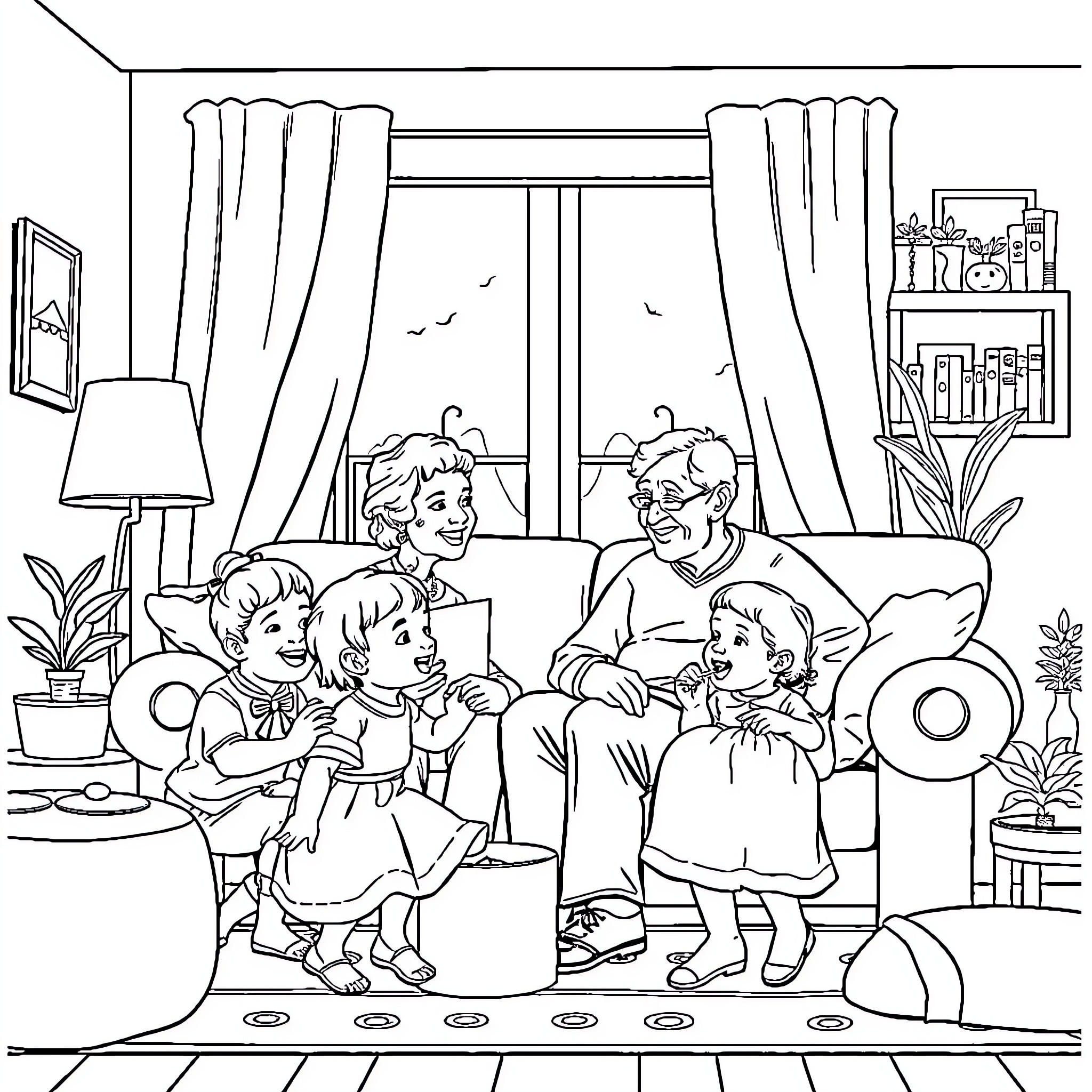 Grandparent spending quality time with grandchildren Coloring Page (free black-and-white line drawing printable PDF for all, from beginners to advanced learners, including children, teens, adults, and seniors)