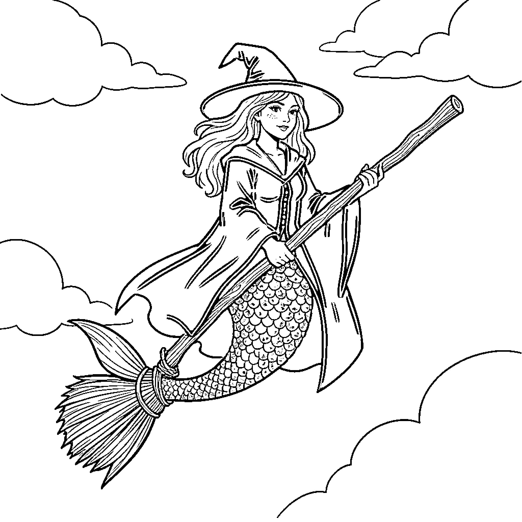 Mermaid witch riding a broomstick in the sky Coloring Page (free black-and-white line drawing printable PDF for all, from beginners to advanced learners, including children, teens, adults, and seniors)