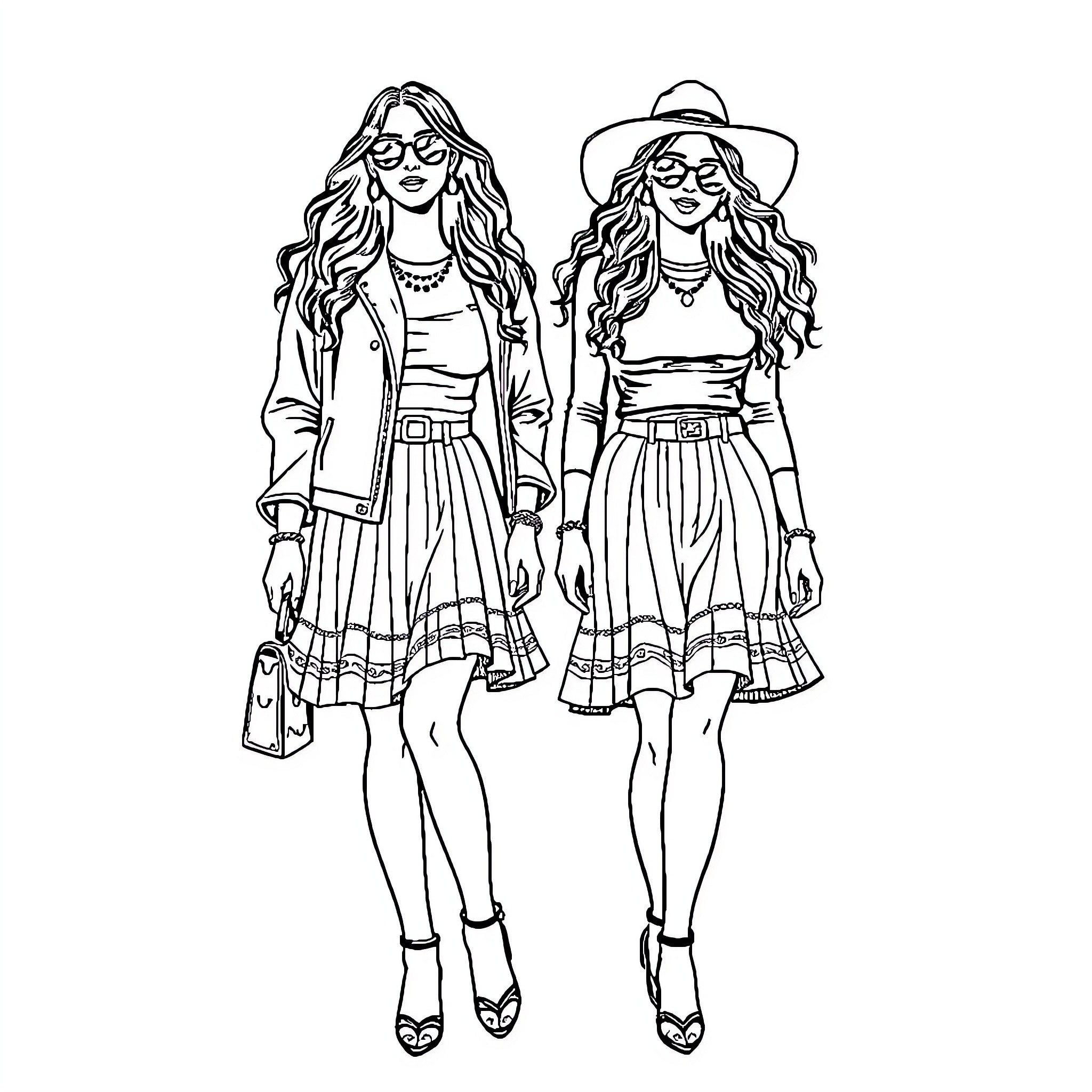 Jul Fashionable friends strolling in style Coloring Page (free black-and-white line drawing printable PDF for all, from beginners to advanced learners, including children, teens, adults, and seniors)