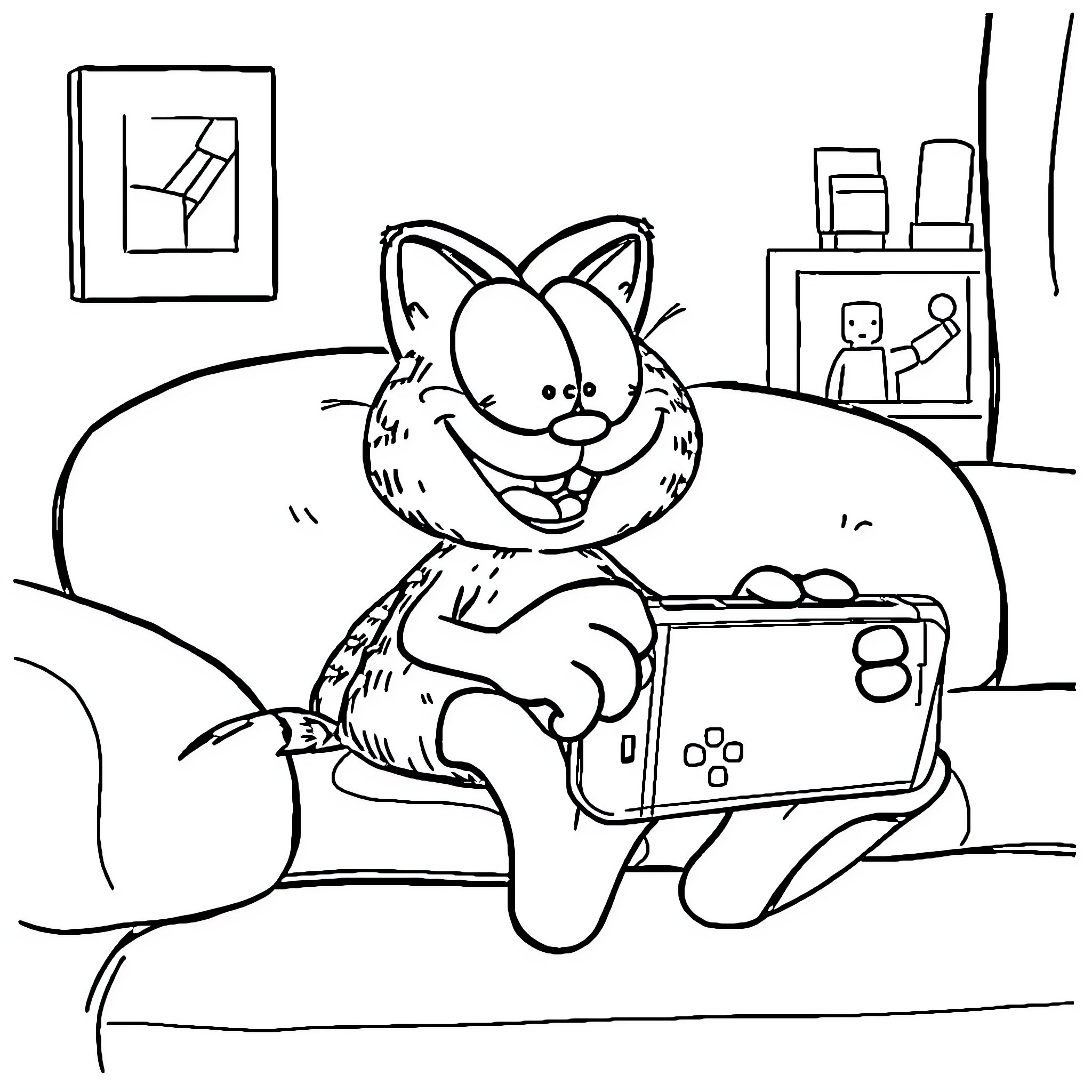 Garfield relaxing and playing video games on the couch Coloring Page (free black-and-white line drawing printable PDF for all, from beginners to advanced learners, including children, teens, adults, and seniors)