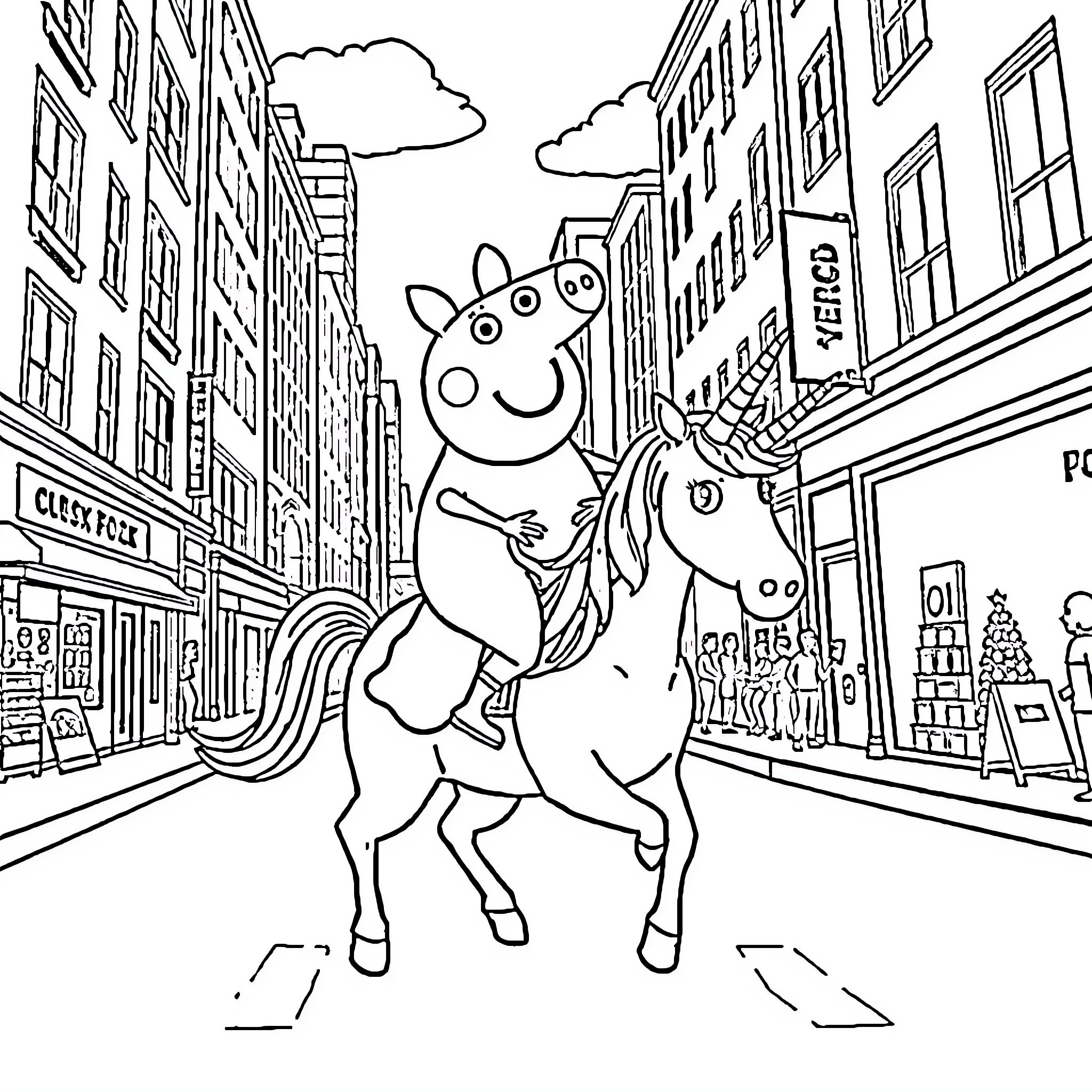 Peppa Pig riding a horse through the city Coloring Page (free black-and-white line drawing printable PDF for all, from beginners to advanced learners, including children, teens, adults, and seniors)