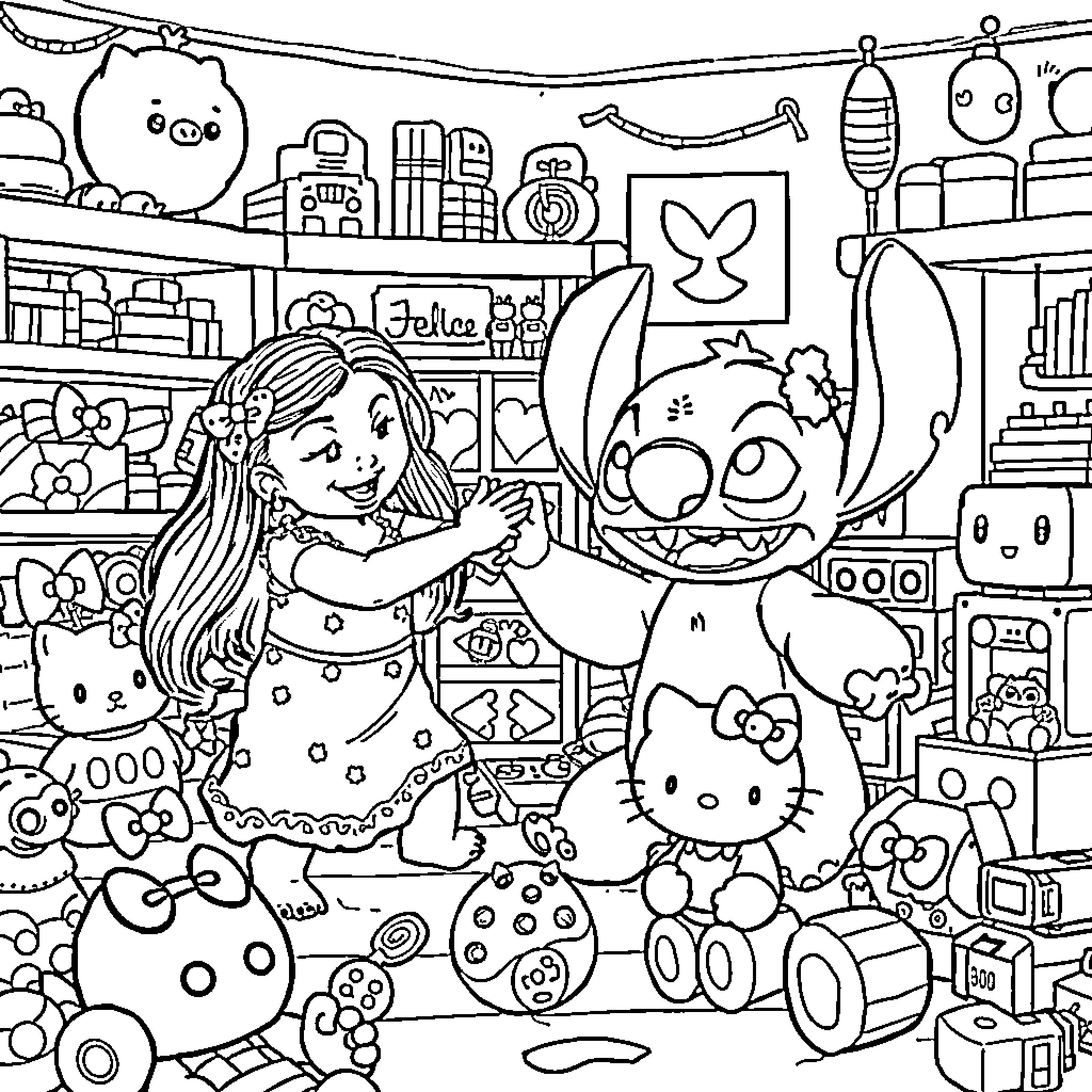 Lilo And Stitch Exploring Shelves of Toys and Trinkets Coloring Page (free black-and-white line drawing printable PDF for all, from beginners to advanced learners, including children, teens, adults, and seniors)